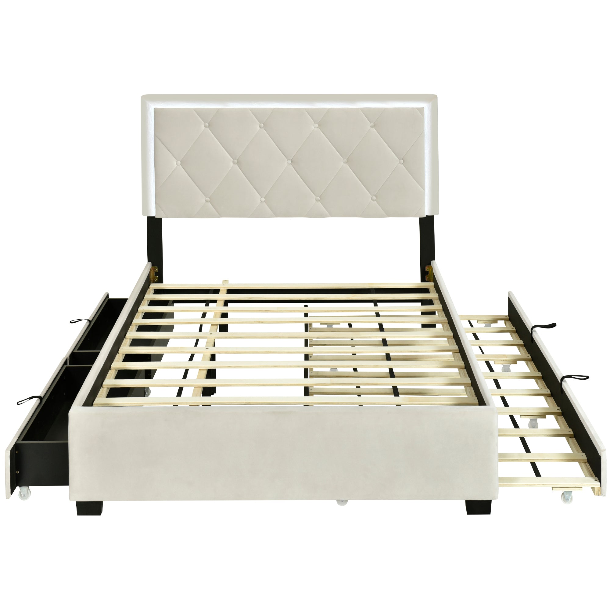 Full Size Velvet Storage Platform Bed, with 2 Big Drawers, T Size Trundle and LED Light, Beige - Atlantic Fine Furniture Melbourne FL