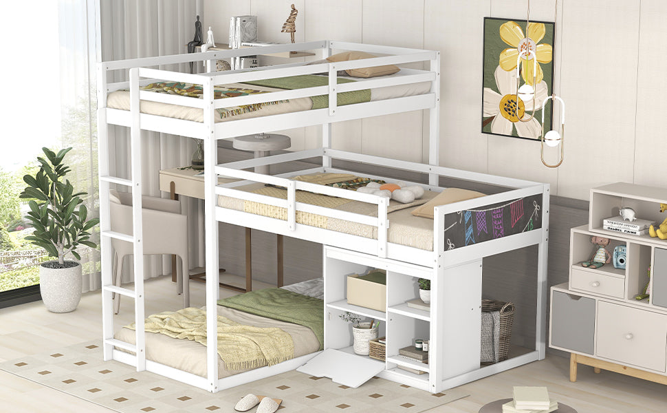 L-shaped Wood Triple Twin Size Bunk Bed with Storage Cabinet and Blackboard, Ladder, White