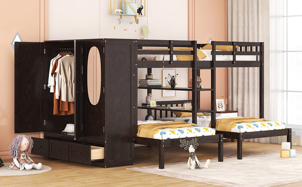 Full-Over-Twin-Twin Bunk Bed with Shelves, Wardrobe and Mirror, Espresso - Atlantic Fine Furniture Melbourne FL