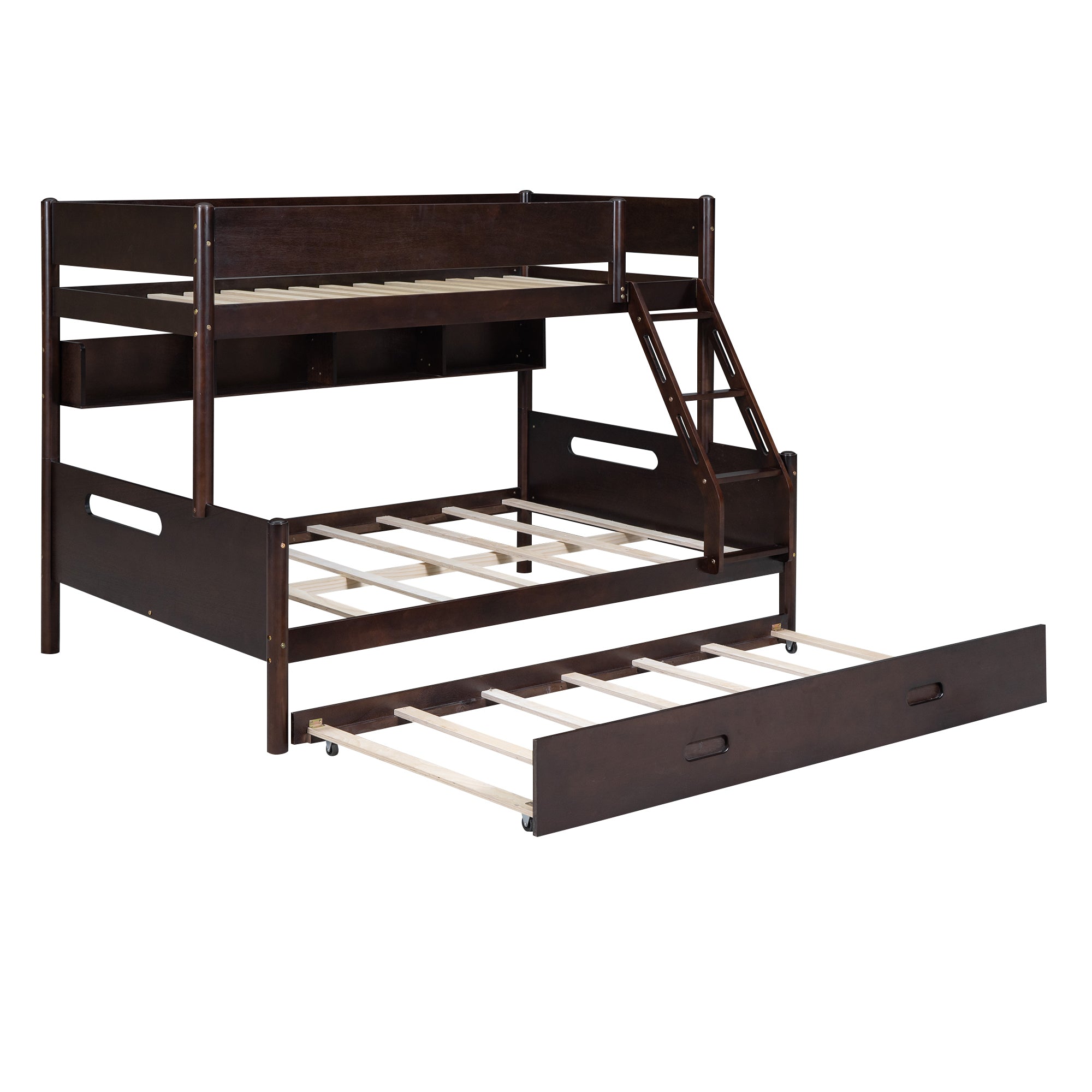 Wood Twin over Full Bunk Bed with Storage Shelves and Twin Size Trundle, Espresso - Atlantic Fine Furniture Melbourne FL