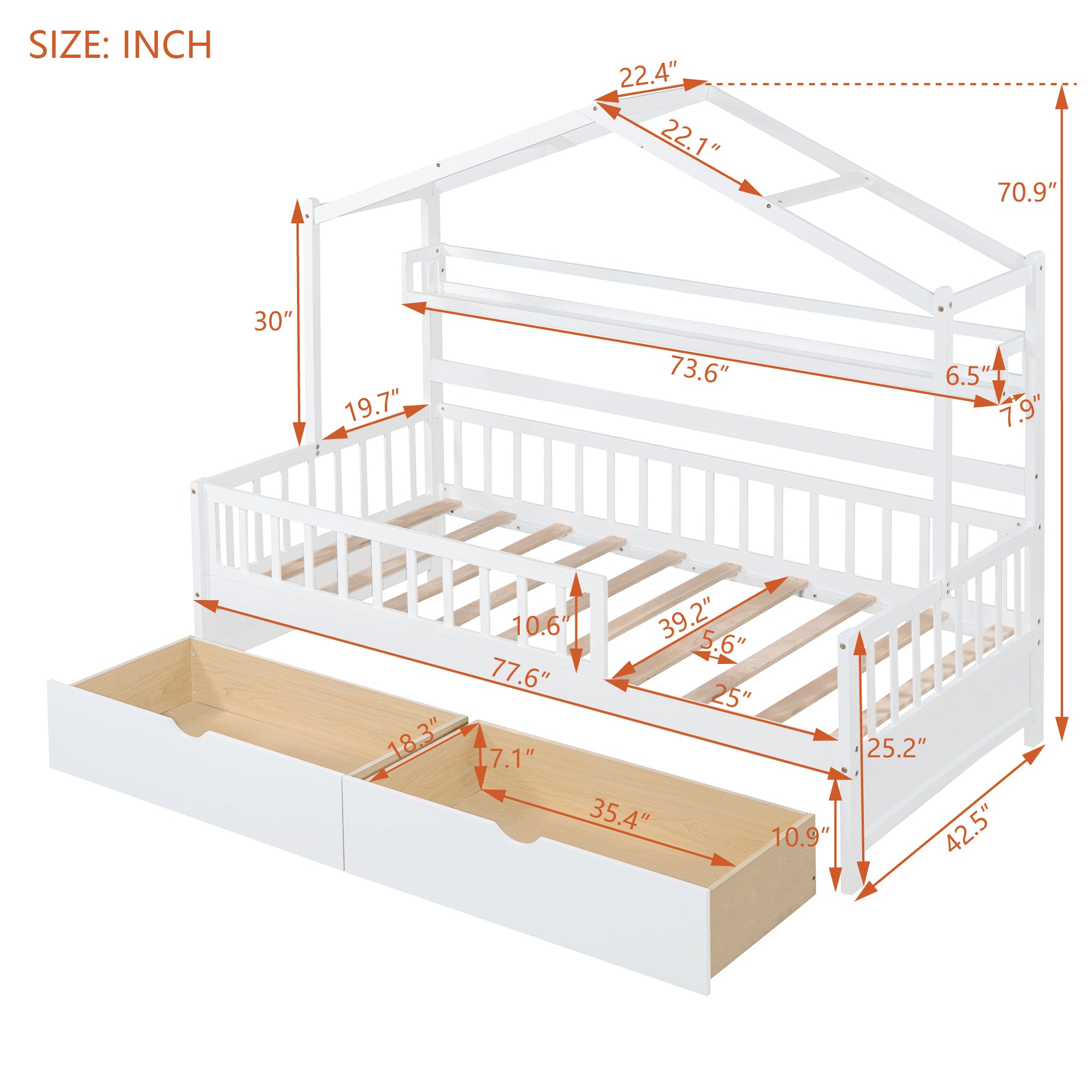 Wooden Twin Size House Bed with 2 Drawers,Kids Bed with Storage Shelf, White - Atlantic Fine Furniture Melbourne FL