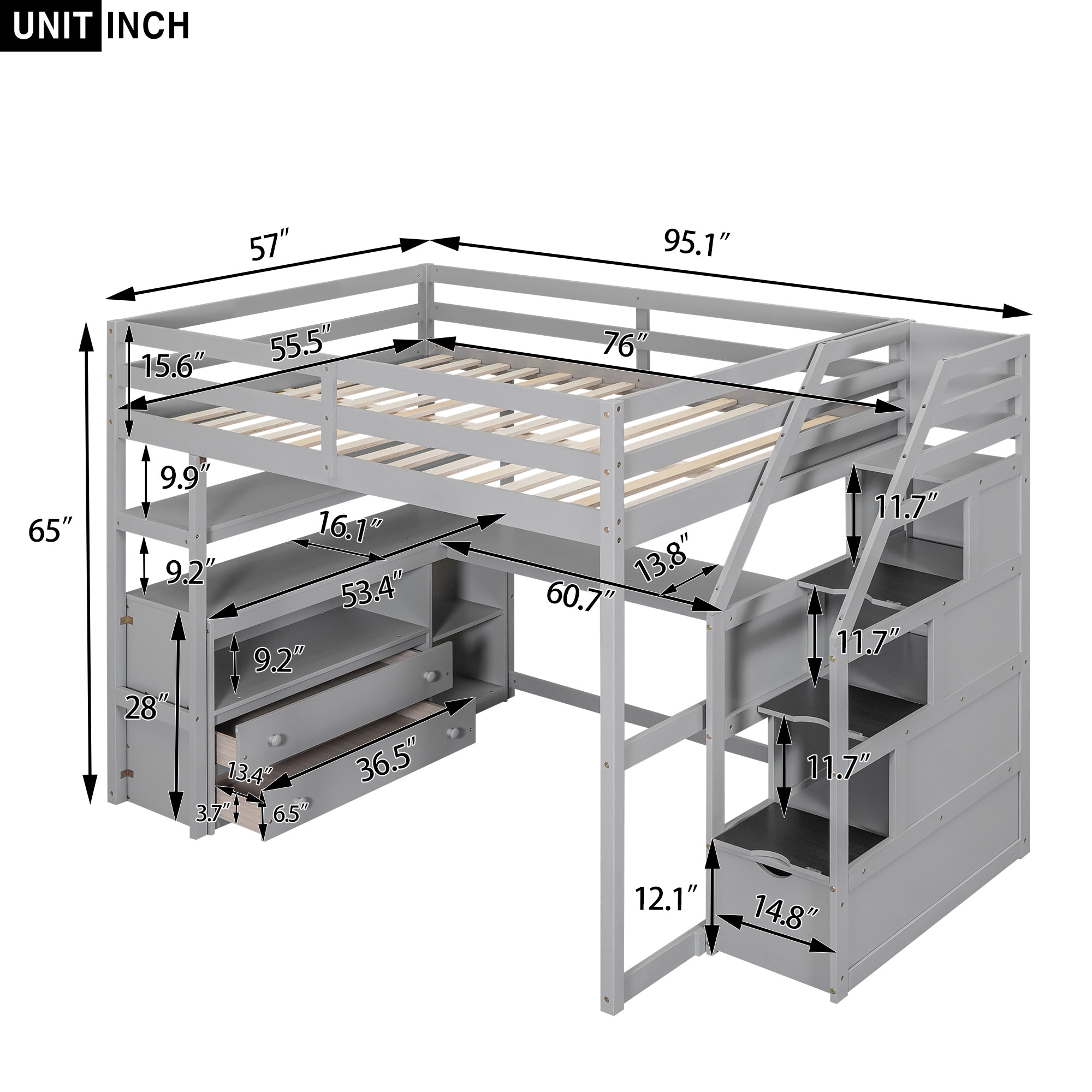 Full Size Loft Bed with Desk and Shelves, Two Built-in Drawers, Storage Staircase, Gray - Atlantic Fine Furniture Melbourne FL