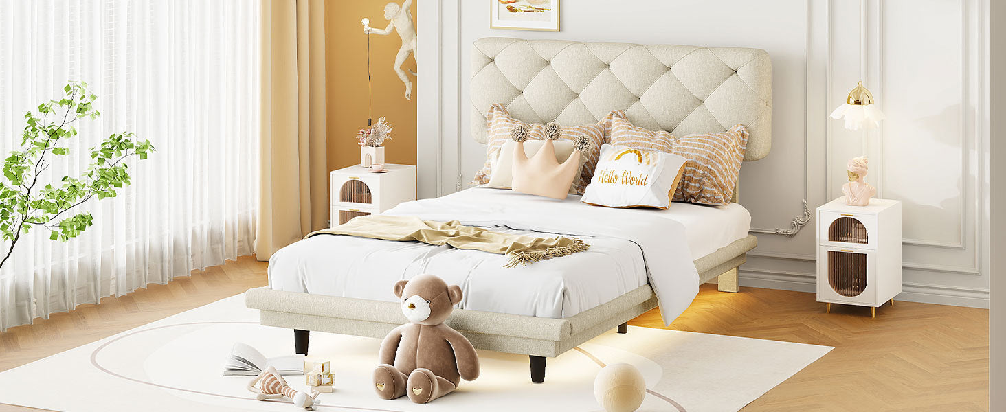Twin Size Upholstered Bed with Light Stripe, Floating Platform Bed, Linen Fabric,Beige - Atlantic Fine Furniture Melbourne FL