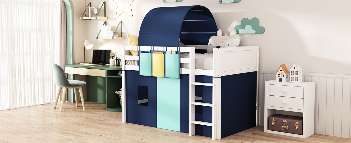 Twin Size Loft Bed with Tent and Tower and Three Pockets- Blue - Atlantic Fine Furniture Melbourne FL