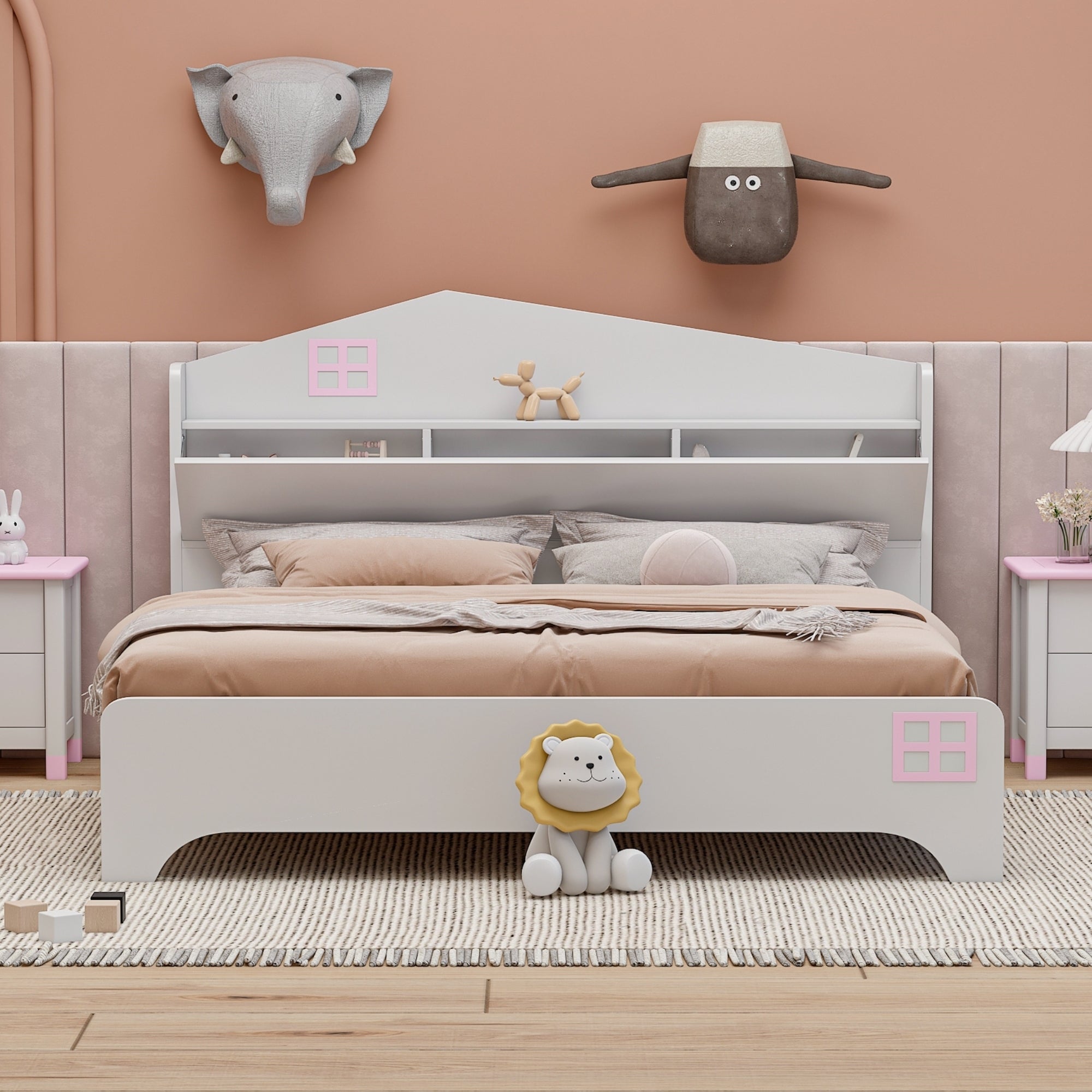 Wooden Full Size House Bed with Storage Headboard ,Kids Bed with Storage Shelf,White - Atlantic Fine Furniture Melbourne FL