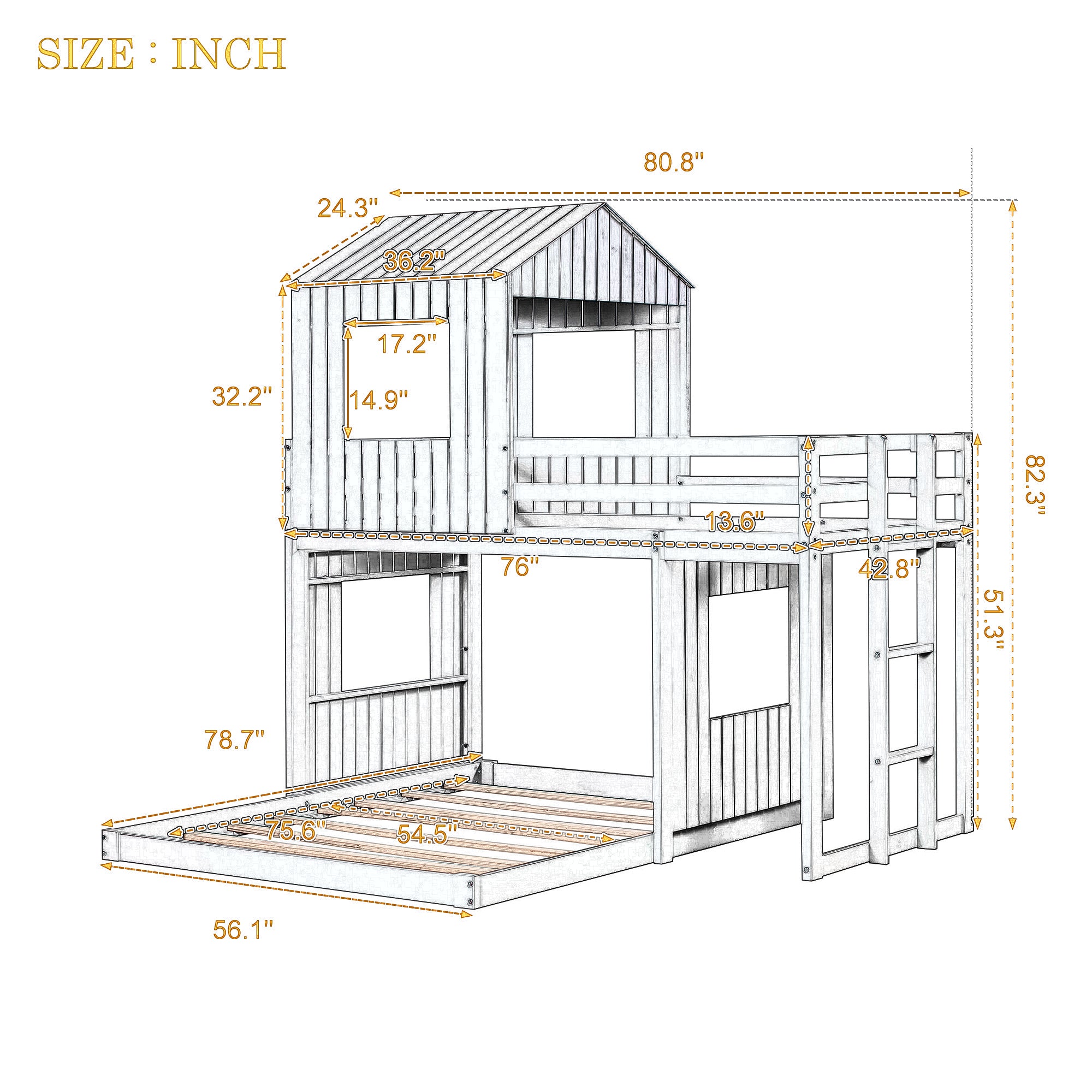 Wooden Twin Over Full Bunk Bed, Loft Bed with Playhouse, Farmhouse, Ladder and Guardrails , Antique Gray( old sku: LT000027AAE ) - Atlantic Fine Furniture Melbourne FL