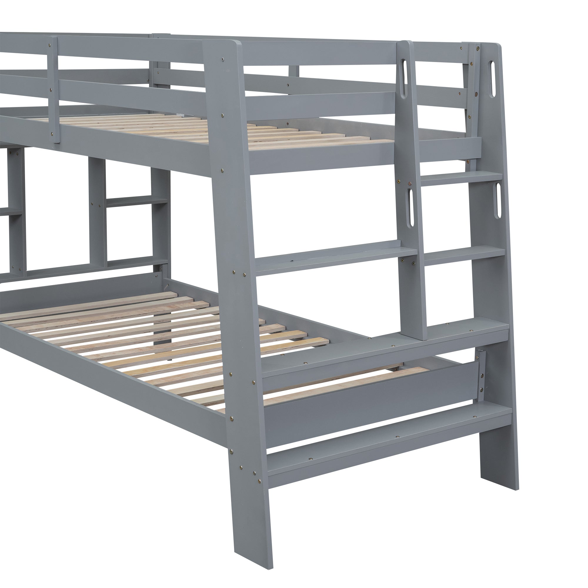 Twin over Twin Bunk Bed with Shelves and Built-in Ladder, Gray - Atlantic Fine Furniture Melbourne FL
