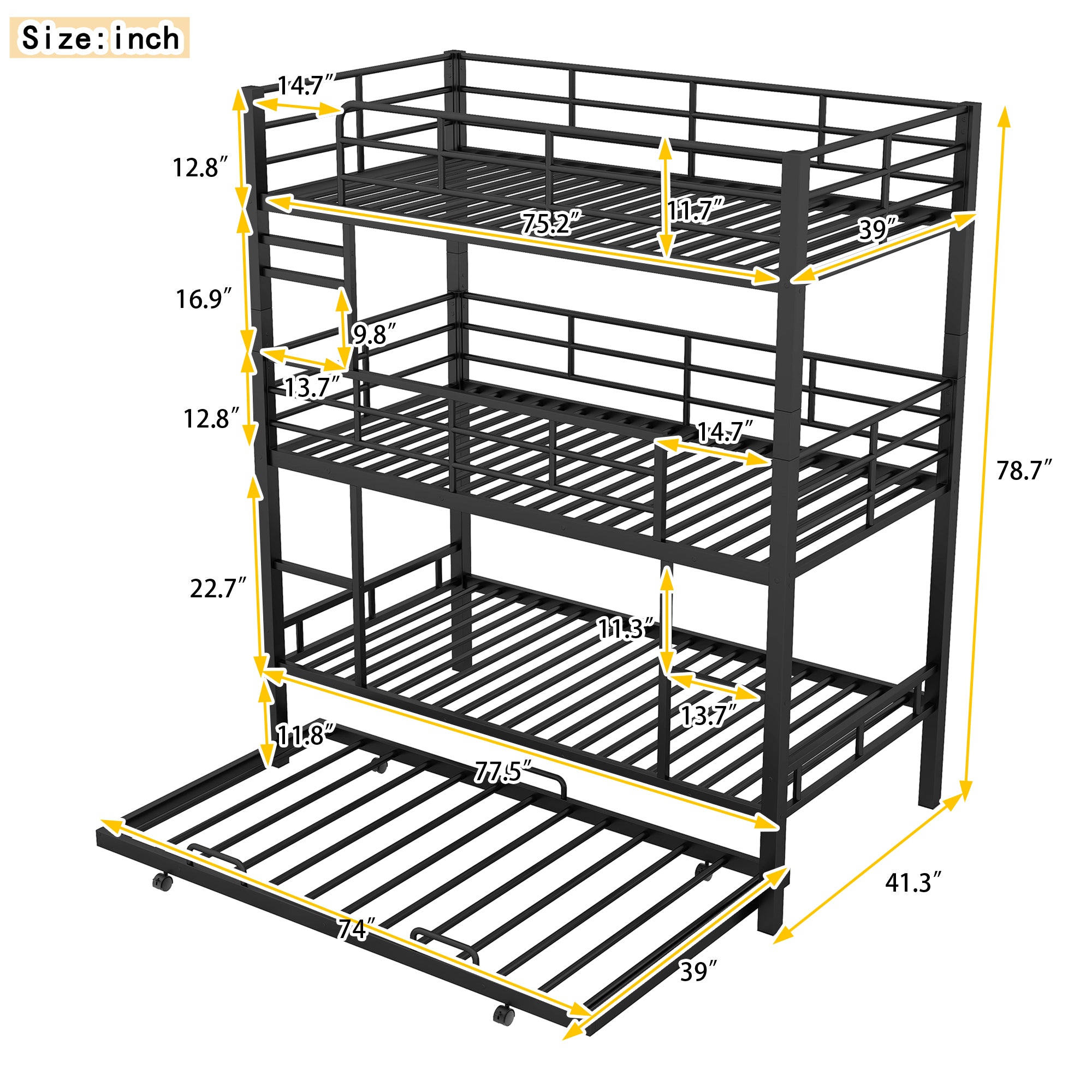 Metal Twin Size Triple Bunk Bed With Trundle, Black