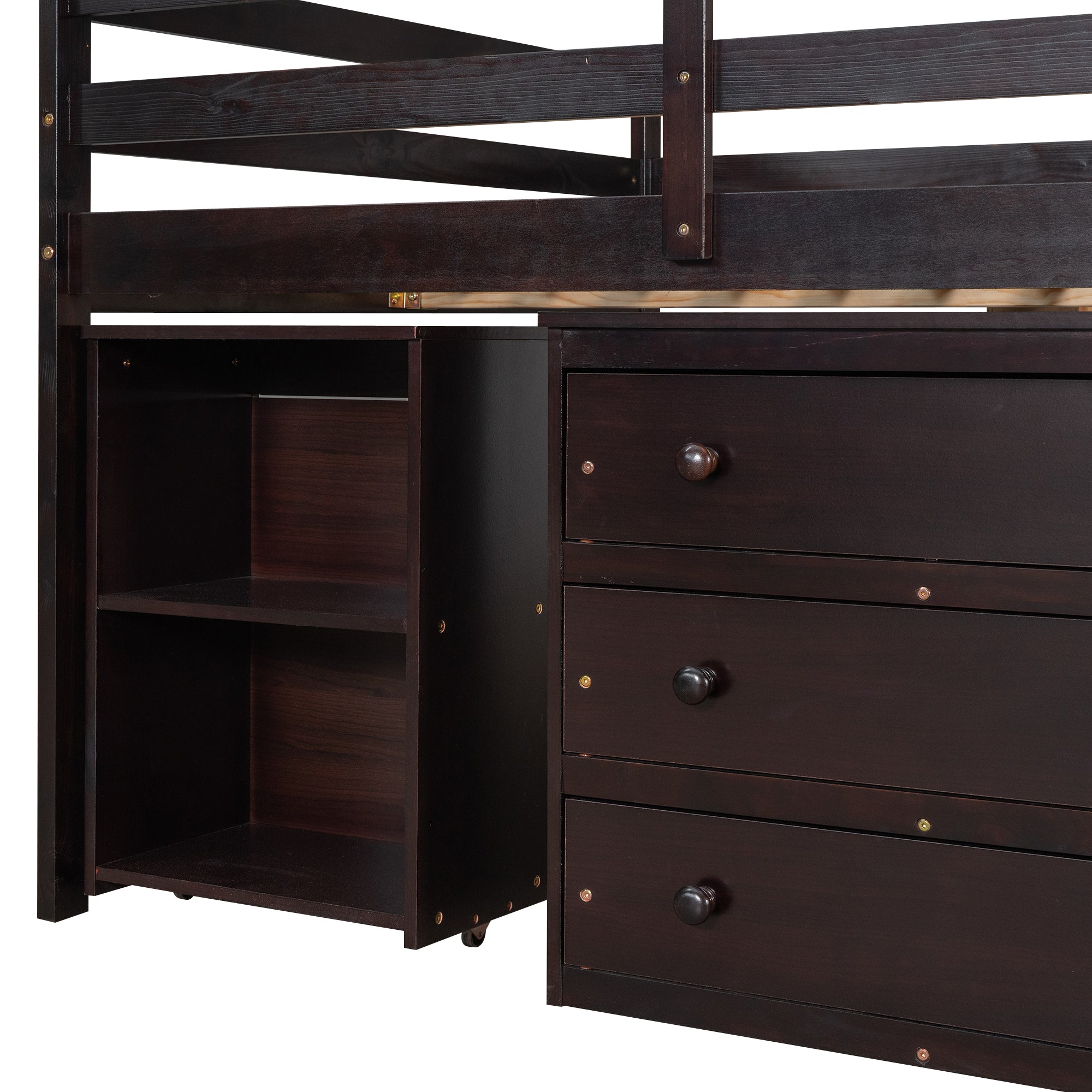 Low Study Full Loft Bed with Cabinet ,Shelves and Rolling Portable Desk ,Multiple Functions Bed- Espresso - Atlantic Fine Furniture Melbourne FL