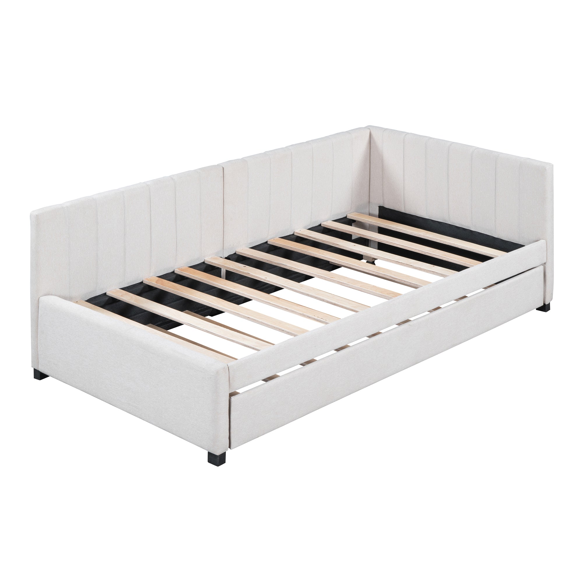 Upholstered Daybed with Trundle Twin Size Sofa Bed Frame No Box Spring Needed, Linen Fabric(Beige) - Atlantic Fine Furniture Melbourne FL