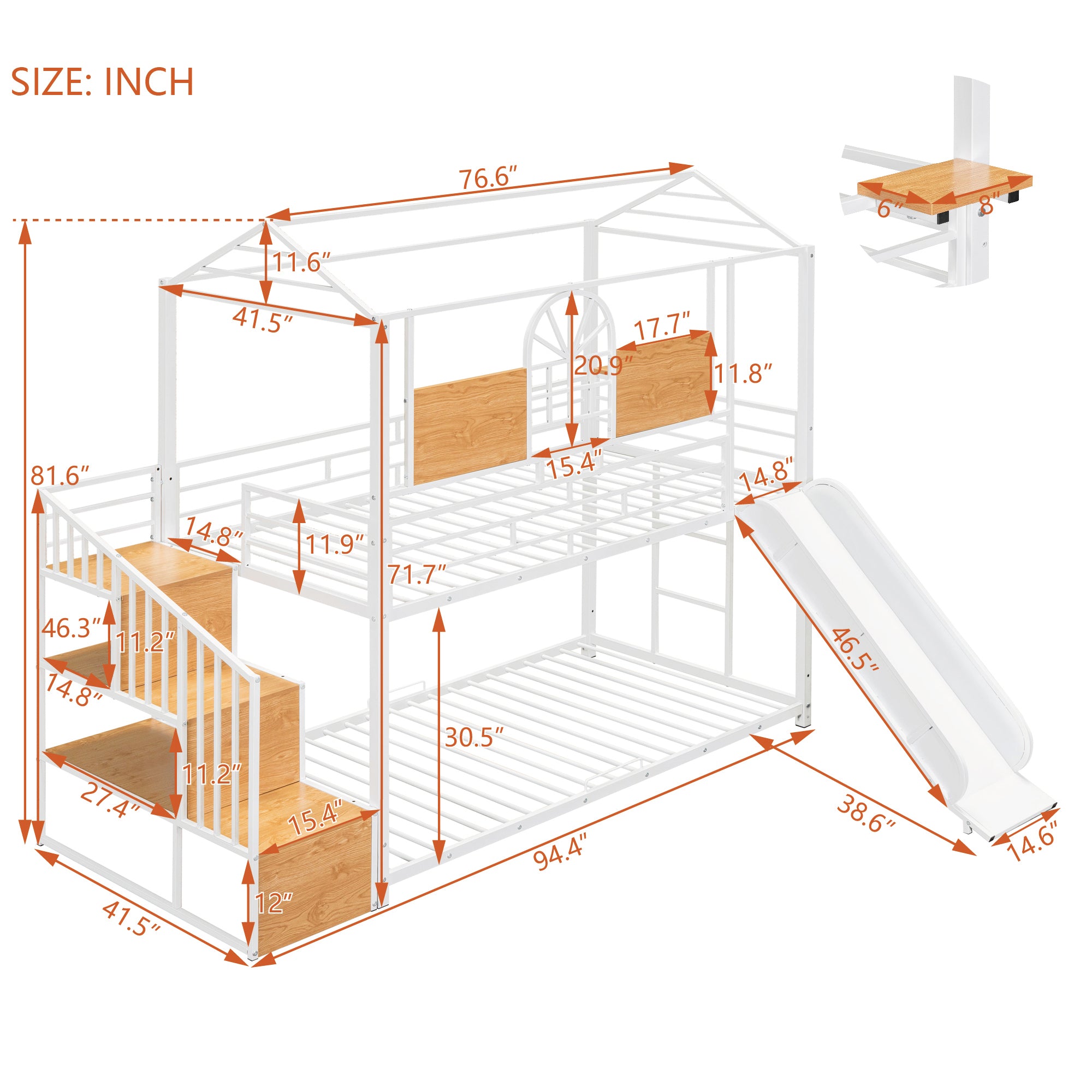 Twin Over Twin Metal Bunk Bed, Metal Housebed with Slide and Storage Stair, White with White Slide - Atlantic Fine Furniture Melbourne FL