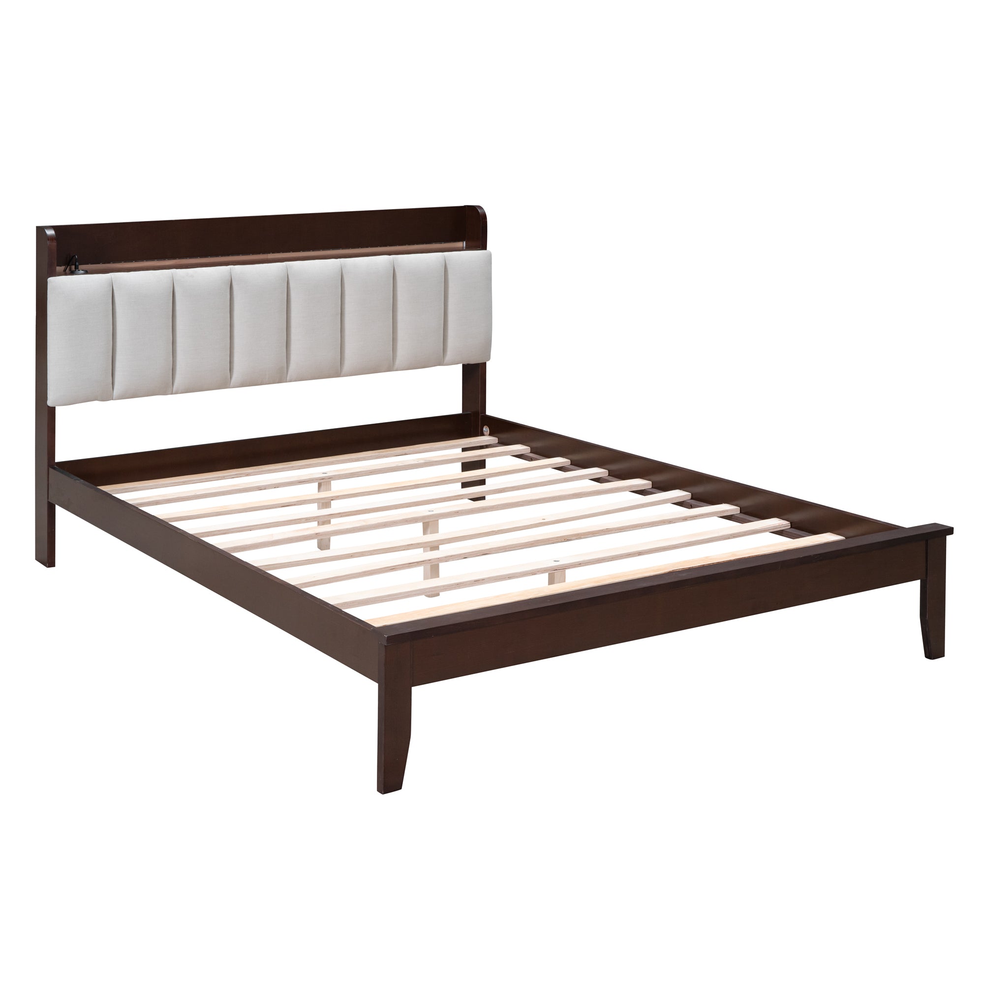 Full size Platform Bed with USB Charging Station and Storage Upholstered Headboard,LED Bed Frame,No Box Spring Needed,Walnut+Beige - Atlantic Fine Furniture Melbourne FL