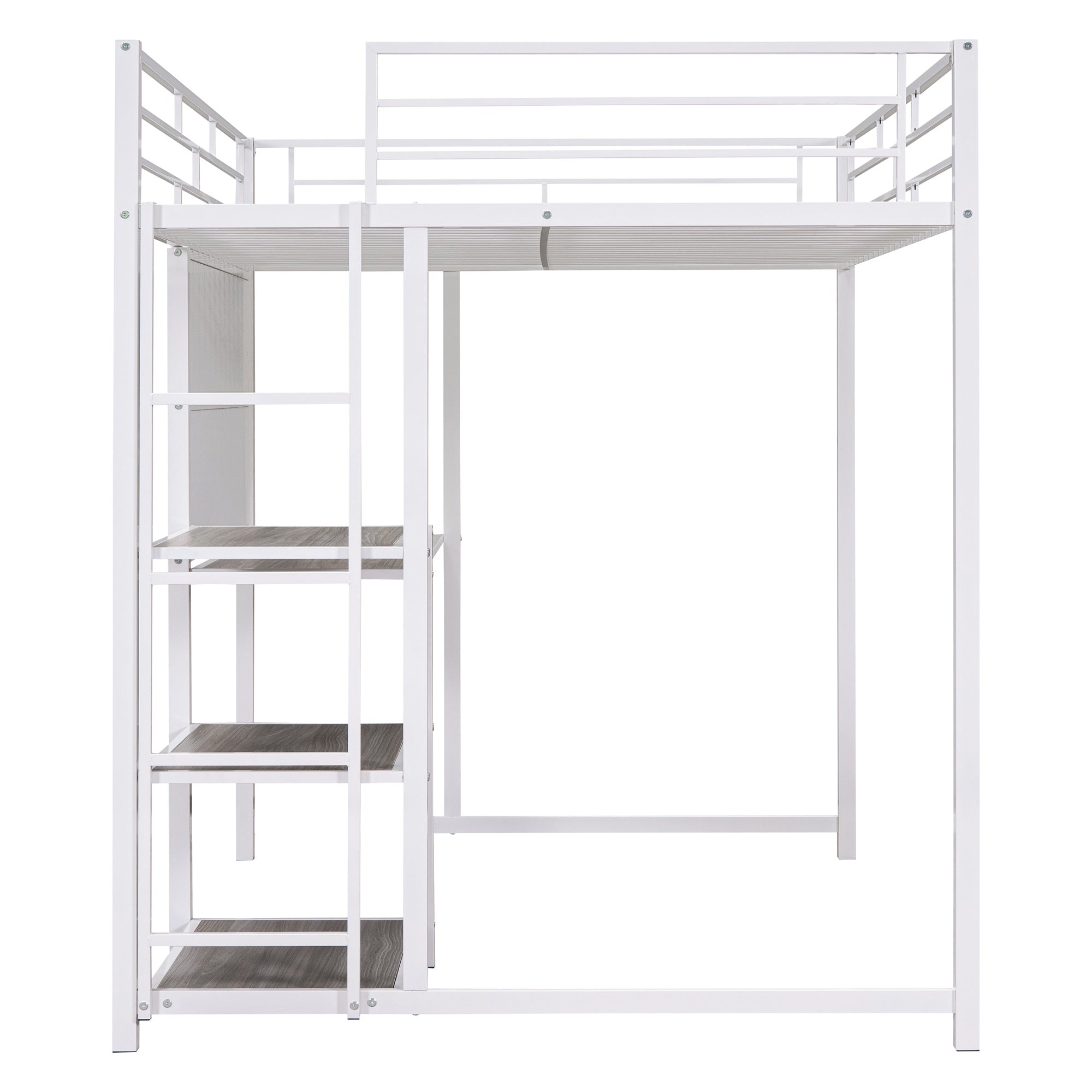 Full Size Loft Bed with Desk and Whiteboard, Metal Loft Bed with 3 Shelves and Ladder, White - Atlantic Fine Furniture Melbourne FL