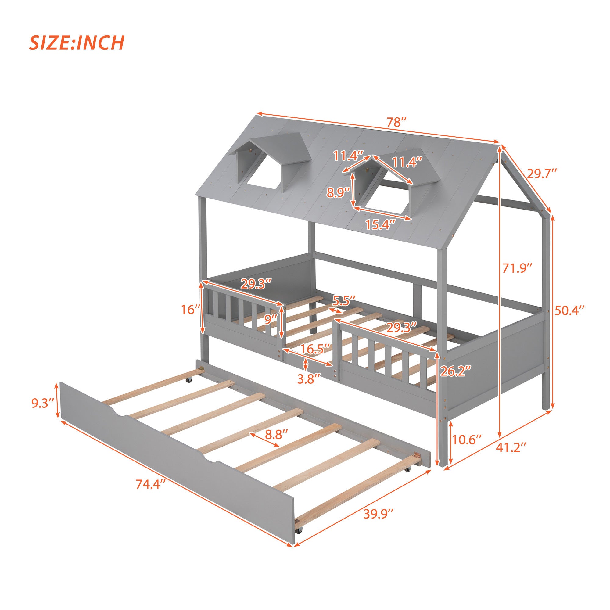 Twin Size House Bed Wood Bed with Twin Size Trundle ( Gray ) - Atlantic Fine Furniture Melbourne FL