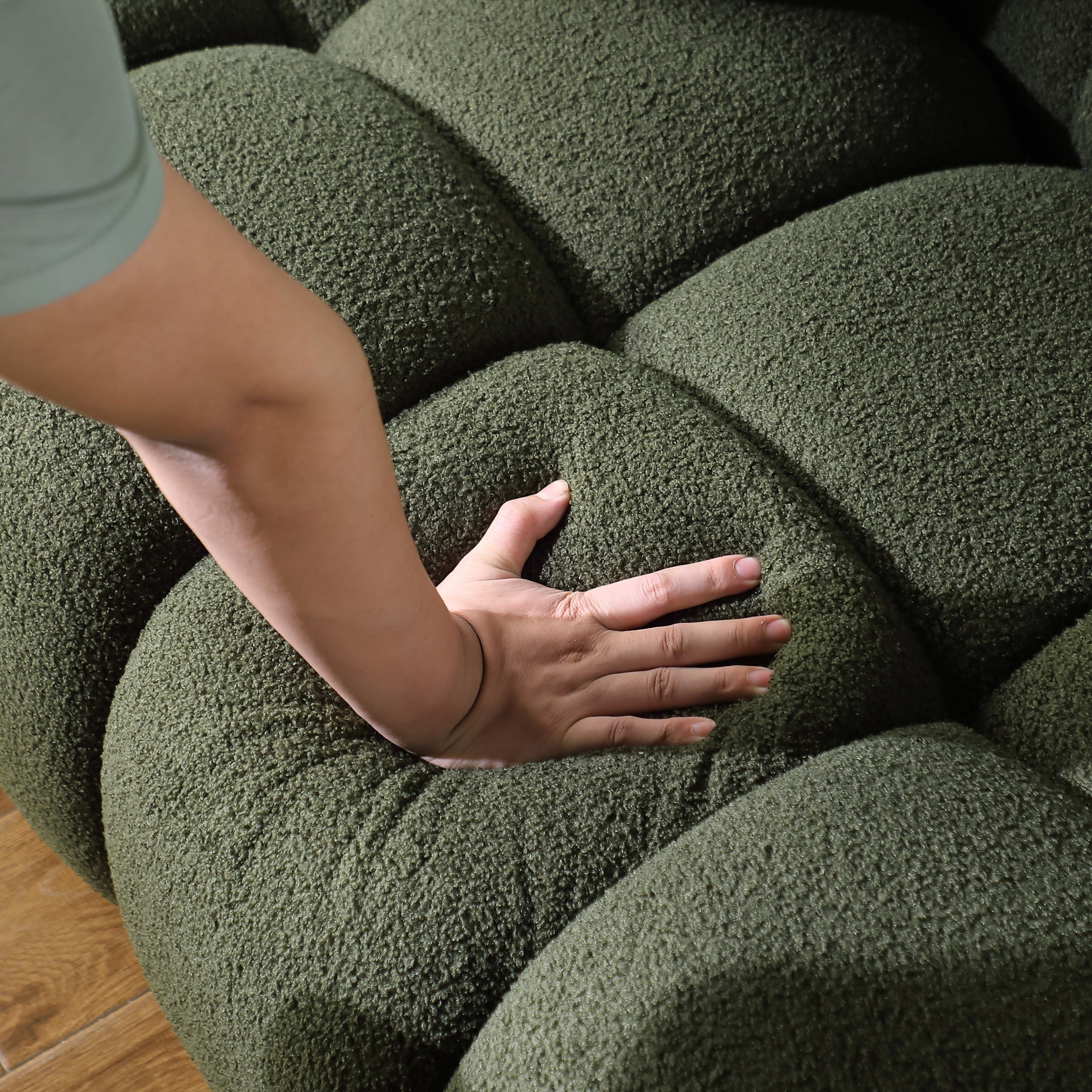 87.4 length ,35.83" deepth ,human body structure for USA people, marshmallow sofa,boucle sofa ,3 seater, OLIVE GREEN BOUCLE