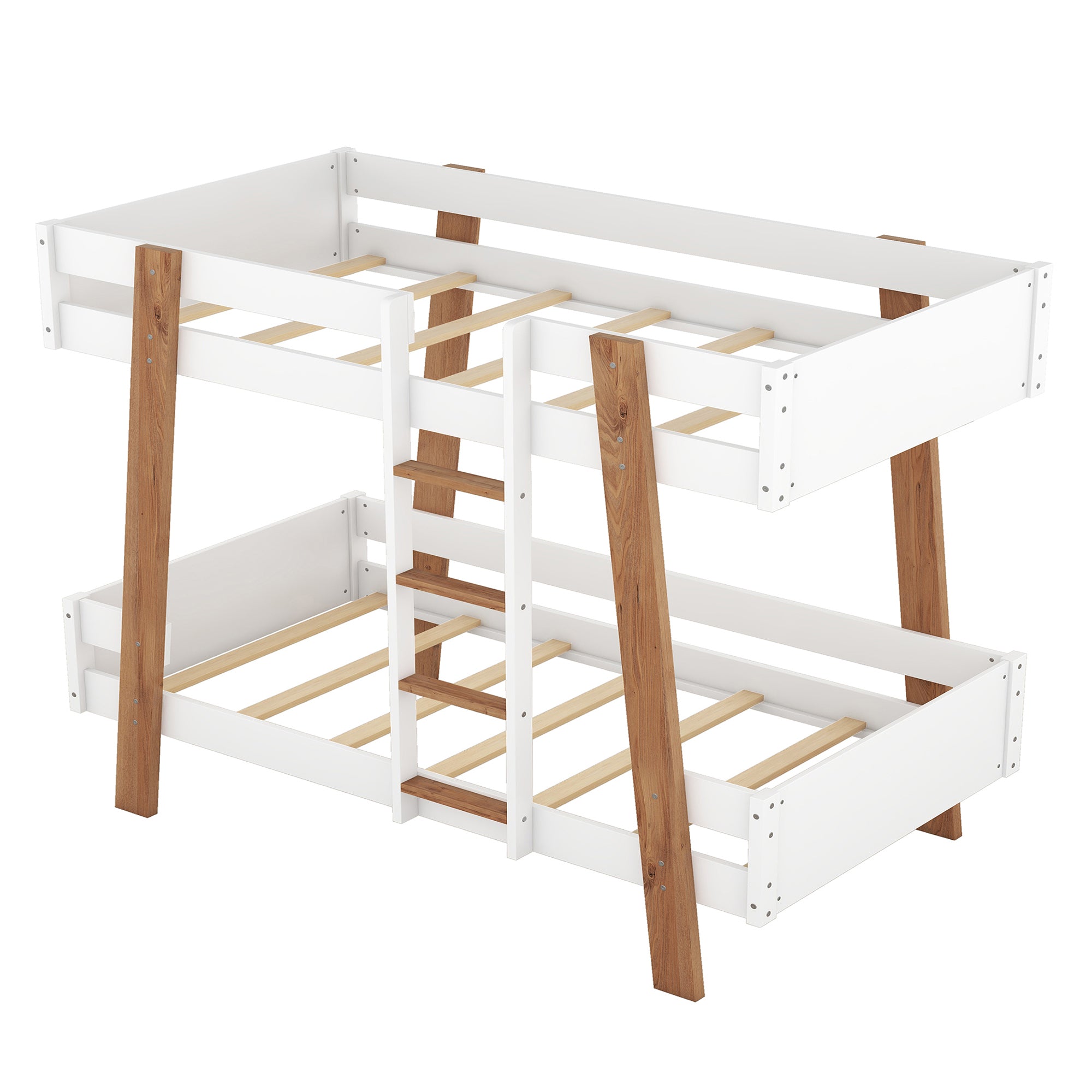 Wood Twin Size Bunk Bed with Built-in Ladder and 4 Wood Color Columns, White - Atlantic Fine Furniture Melbourne FL