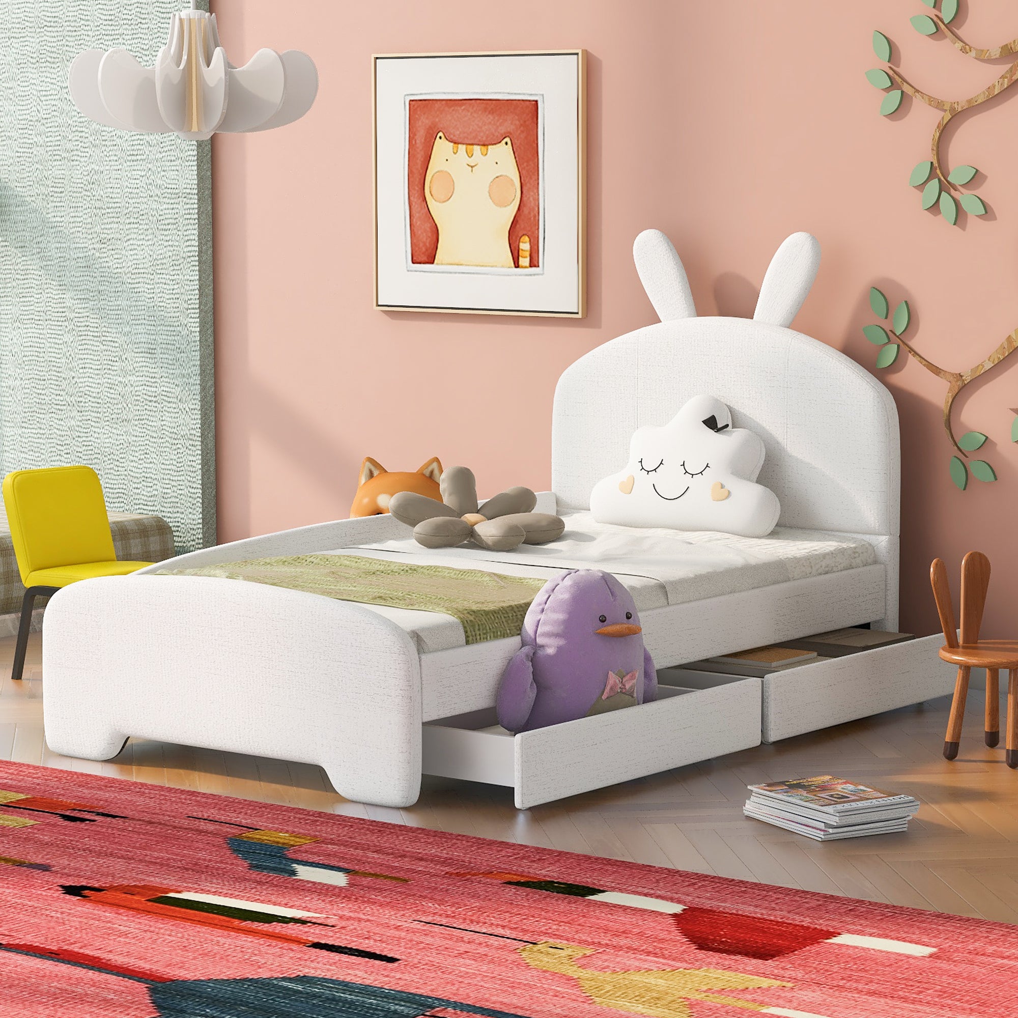 Twin Size Upholstered Platform Bed with Cartoon Ears Shaped Headboard and 2 Drawers, White - Atlantic Fine Furniture Melbourne FL