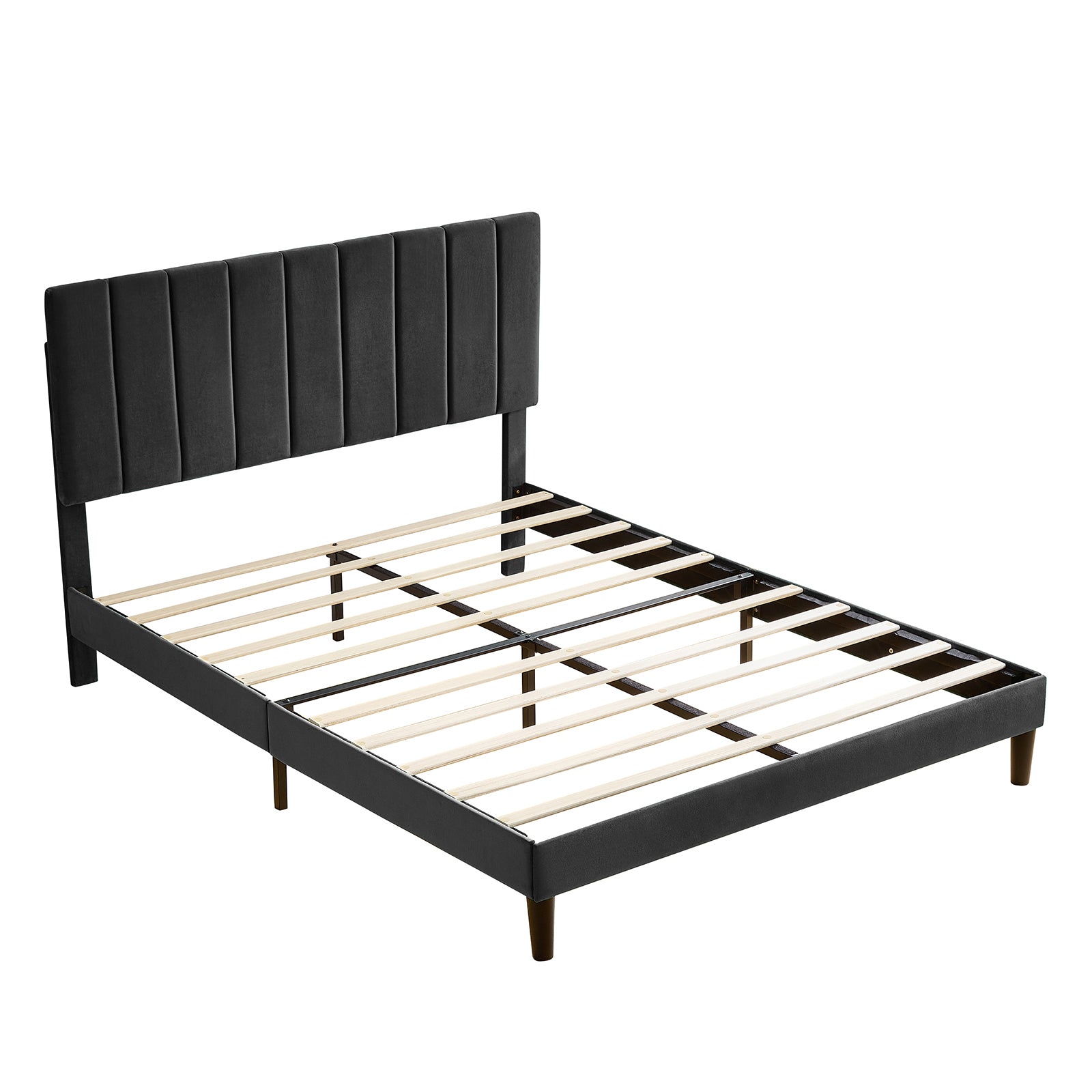 Full Size Frame Platform Bed with Upholstered Headboard and Slat Support, Heavy Duty Mattress Foundation, No Box Spring Required, Easy to Assemble, Black