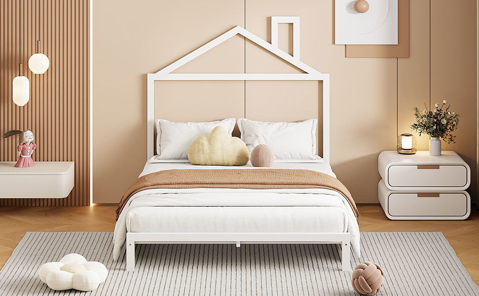 Full Size Metal Platform Bed with House-Shaped Headboard Design, White - Atlantic Fine Furniture Melbourne FL
