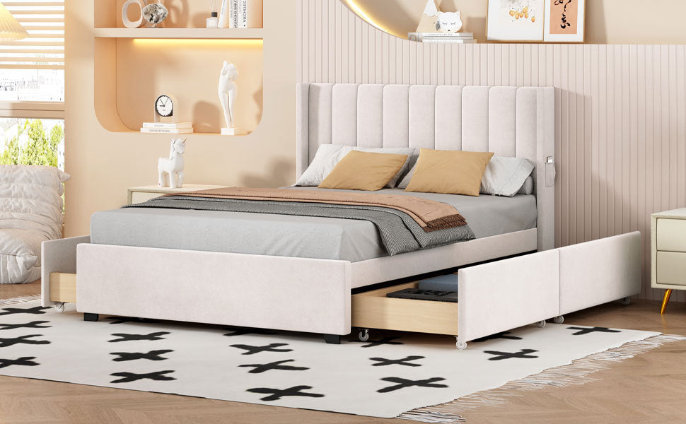 Full Size Upholstered Bed with 4 Drawers, Beige - Atlantic Fine Furniture Melbourne FL