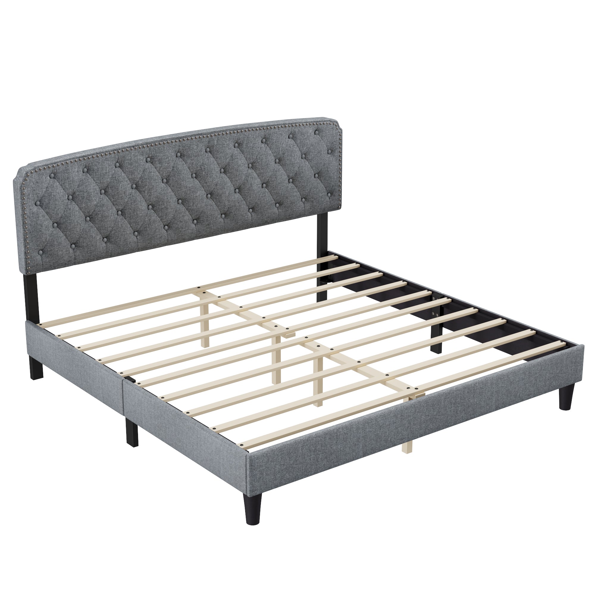 King size Adjustable Headboard with Fine Linen Upholstery and Button Tufting for Bedroom, Wave Top LIGHT GREY