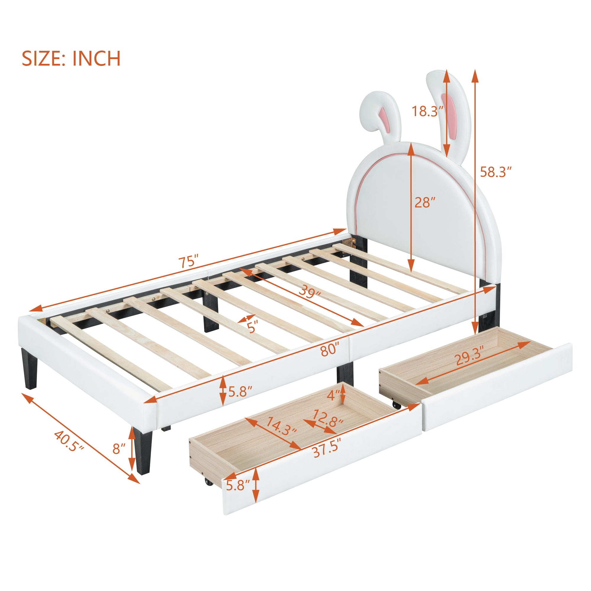 Twin Size Upholstered Leather Platform Bed with Rabbit Ornament and 2 Drawers, White - Atlantic Fine Furniture Melbourne FL