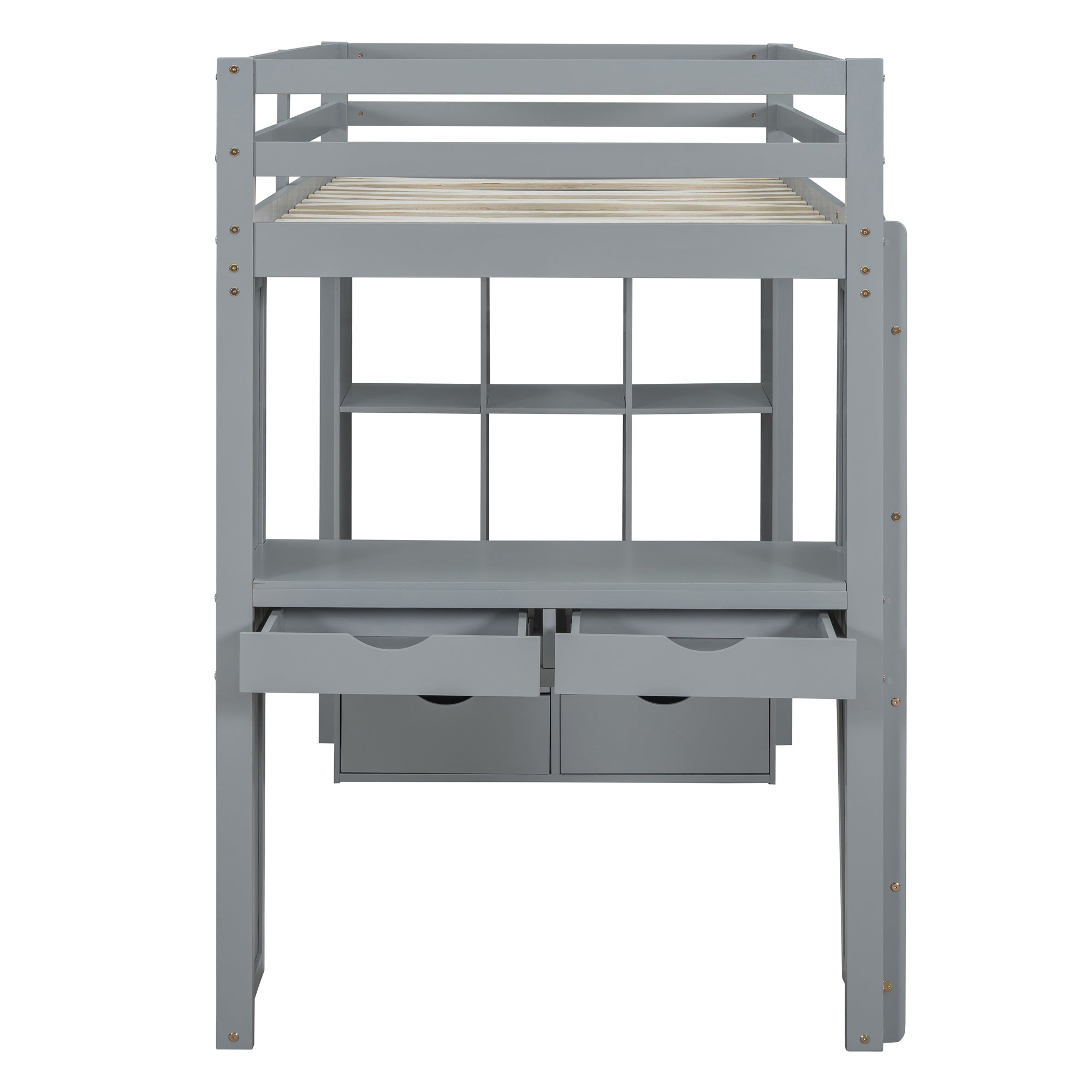 Full Size Loft Bed with large shelves, writing desk and LED Light, Gray - Atlantic Fine Furniture Melbourne FL