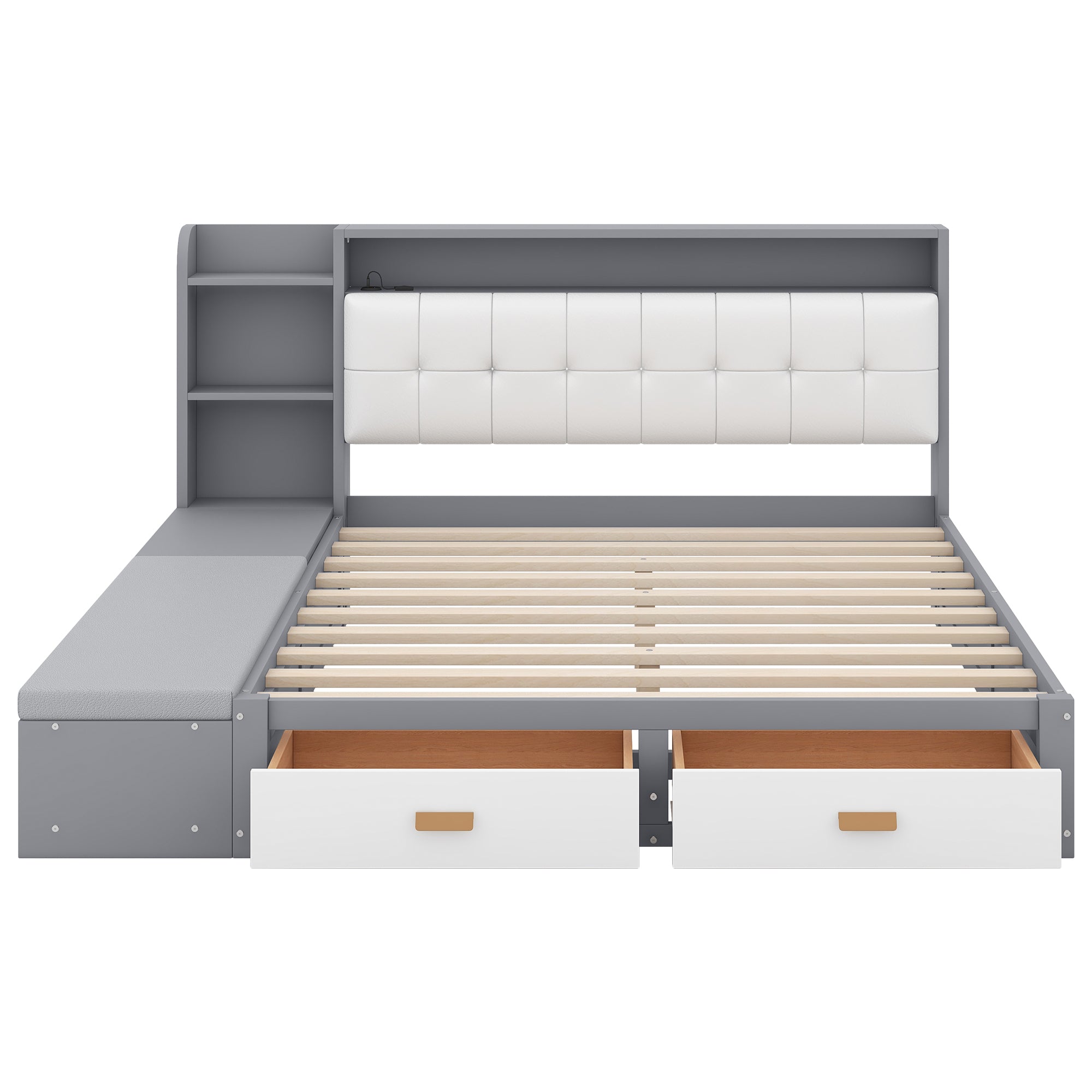 Queen Size Low Profile Platform Bed Frame with Upholstery Headboard and Storage Shelves and Drawers,USB Charging Design,Gray - Atlantic Fine Furniture Melbourne FL