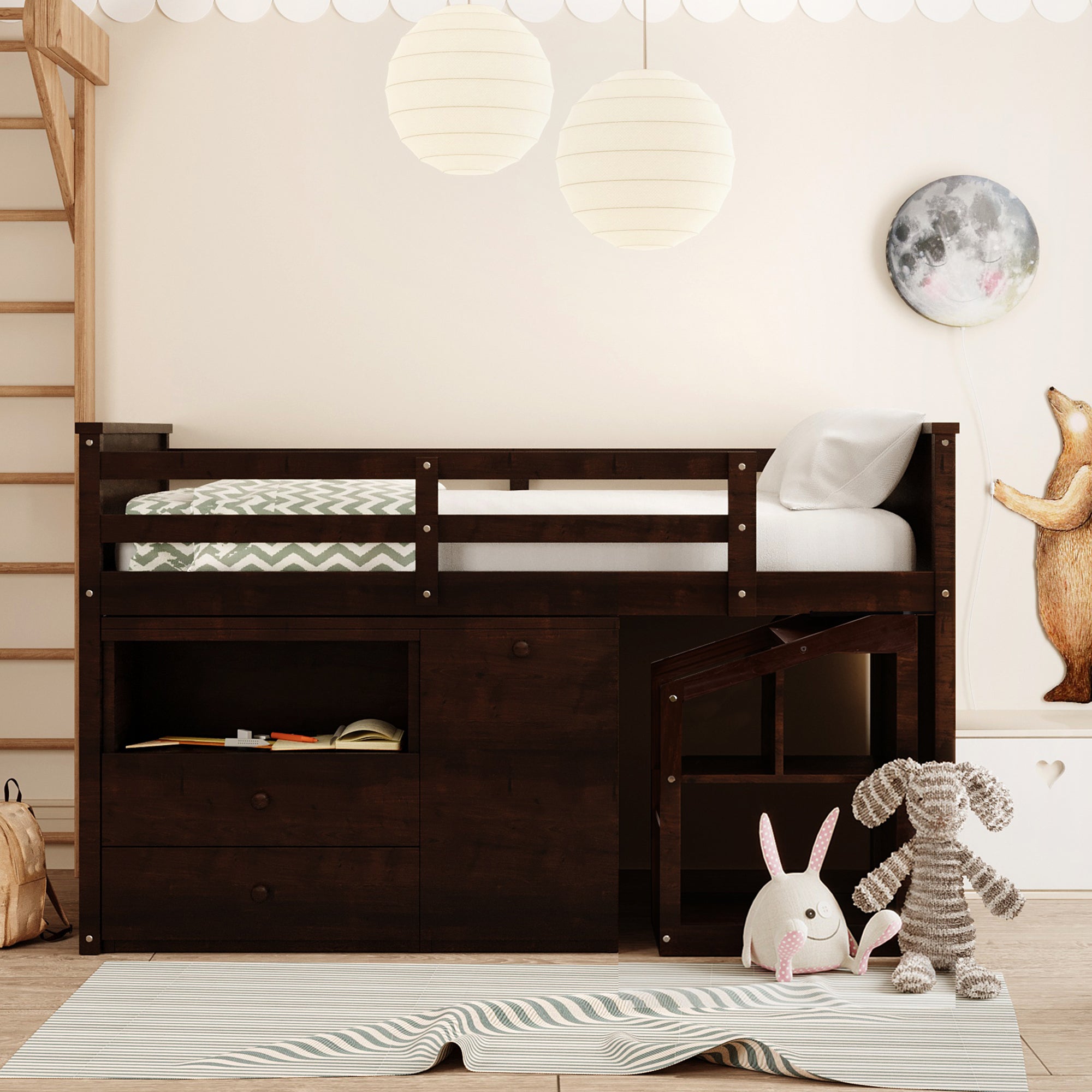 Loft Bed Low Study Twin Size Loft Bed With Storage Steps and Portable,Desk,Espresso(OLD SKU: LT000101AAP) - Atlantic Fine Furniture Melbourne FL