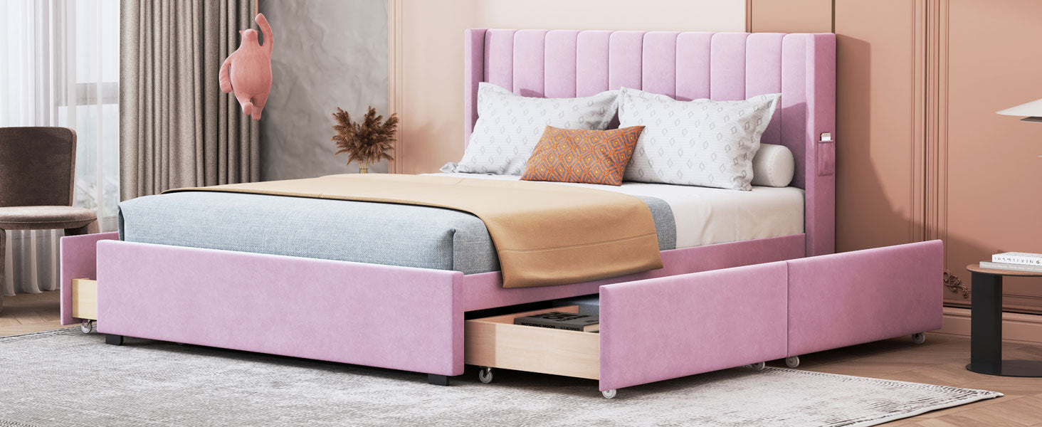 Queen Size Upholstered Bed with 4 Drawers, Pink - Atlantic Fine Furniture Melbourne FL