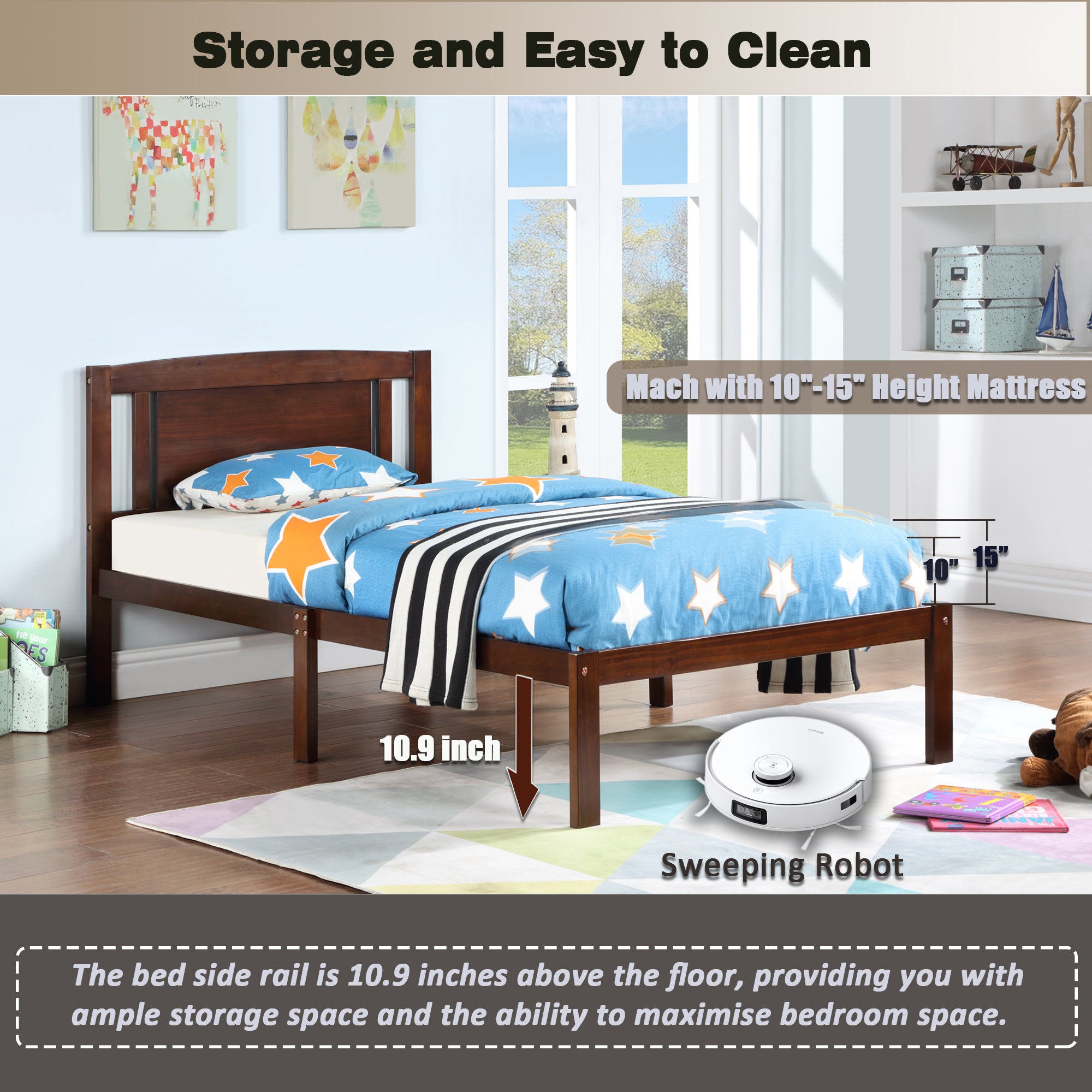 Twin Size Bed, Wood Platform Bed Frame with Headboard For Kids, Slatted, Dark Walnut - Atlantic Fine Furniture Melbourne FL
