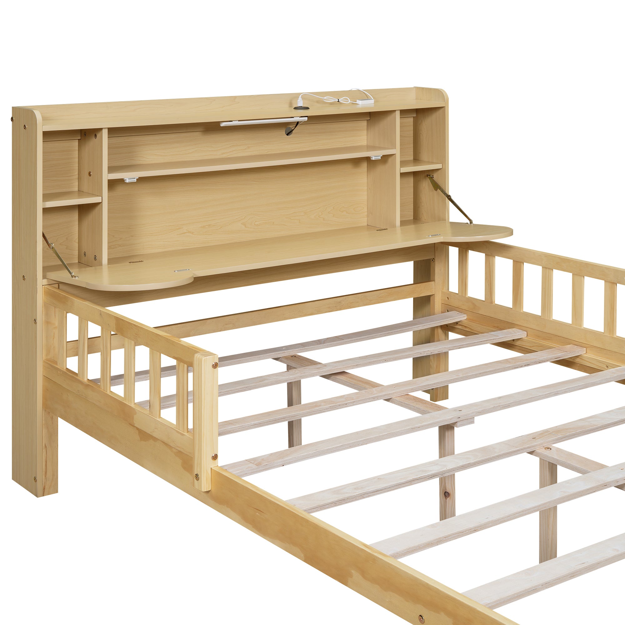 Full Size Car Bed with Bear-Shaped Headboard, USB and LED, Natural - Atlantic Fine Furniture Melbourne FL