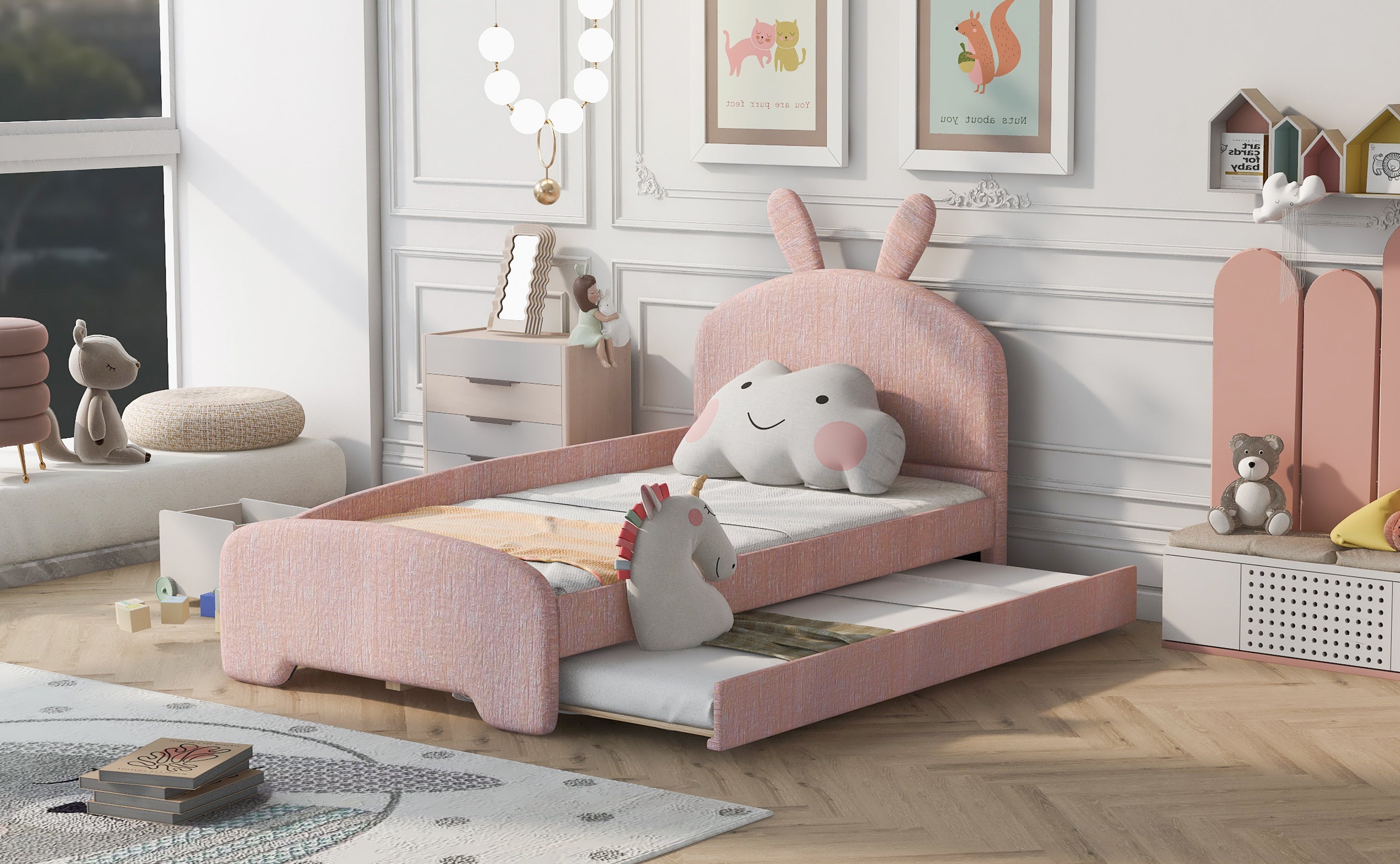 Twin Size Upholstered Platform Bed with Cartoon Ears Shaped Headboard and Trundle, Pink - Atlantic Fine Furniture Melbourne FL
