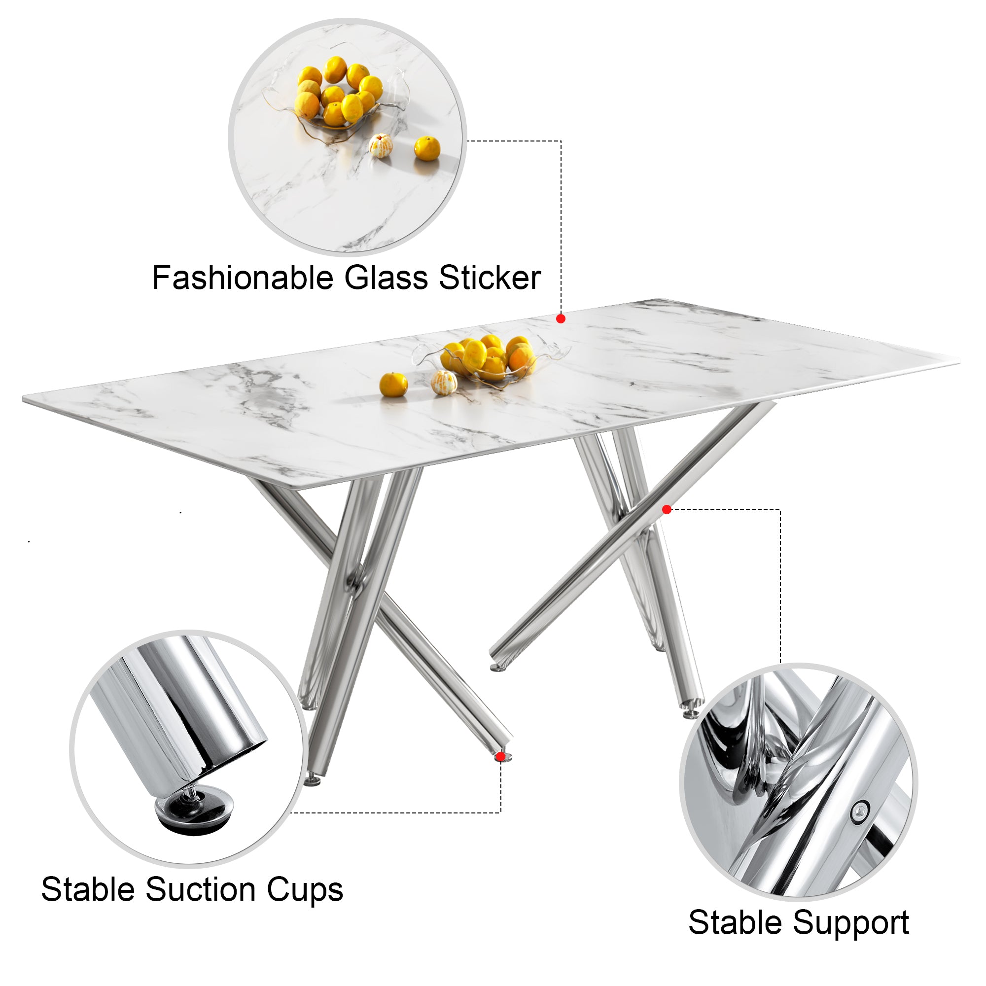 Large Modern Simple Rectangular Glass Dining Table for 6-8 People with 0.39-inch white imitation marble desktop and Silver Metal Legs for Kitchen Dining Living Room Meeting Room Banquet Hall 1538