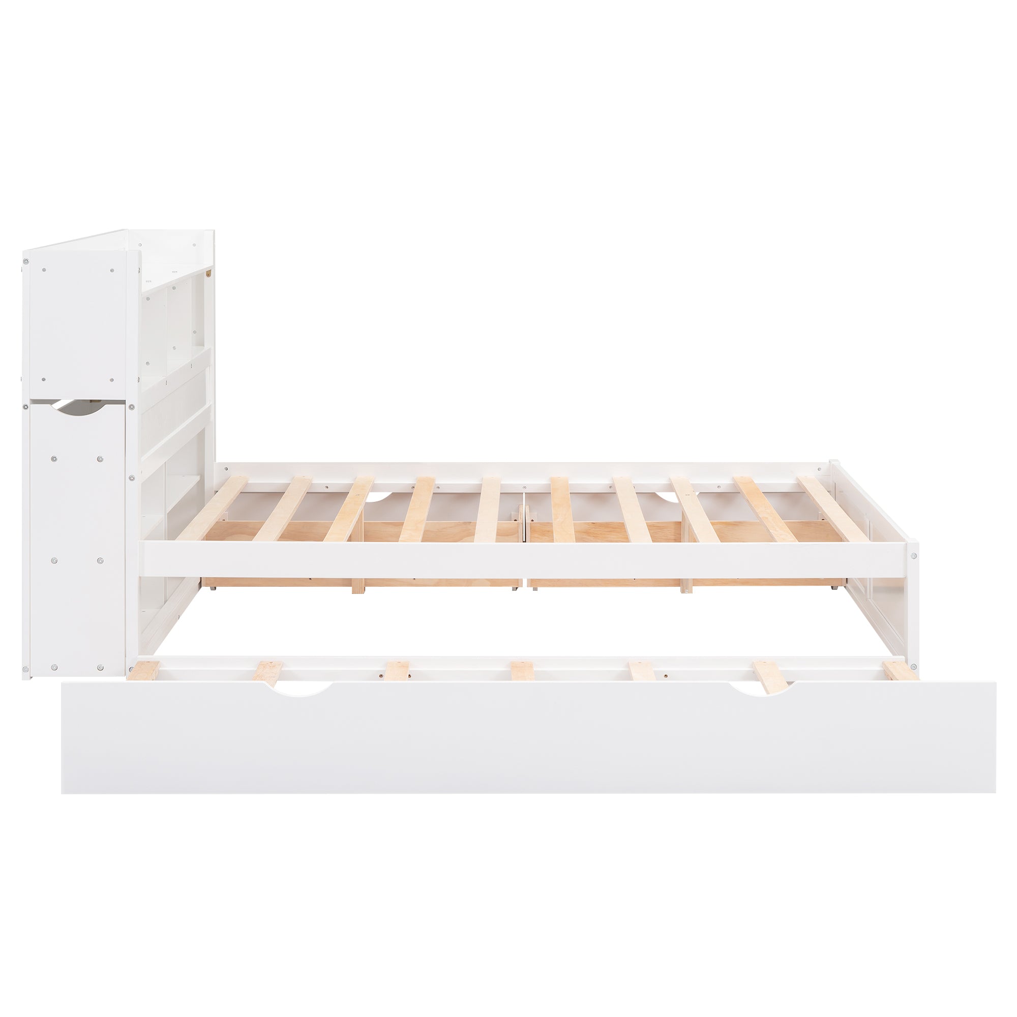 Full Size Storage Platform Bed with Pull Out Shelves, Twin Size Trundle and 2 Drawers, White - Atlantic Fine Furniture Melbourne FL