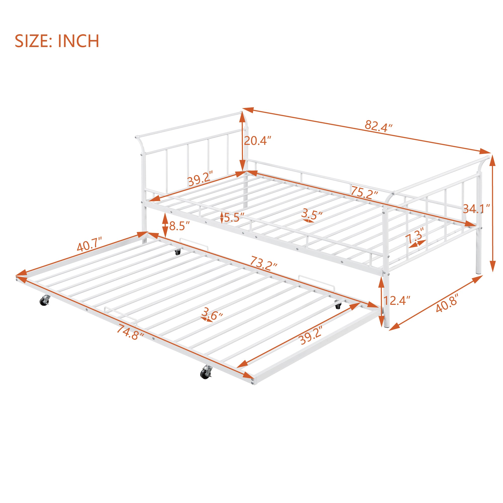 Twin Size Metal Daybed with Curved Handle Design and Twin Size Trundle, White - Atlantic Fine Furniture Melbourne FL
