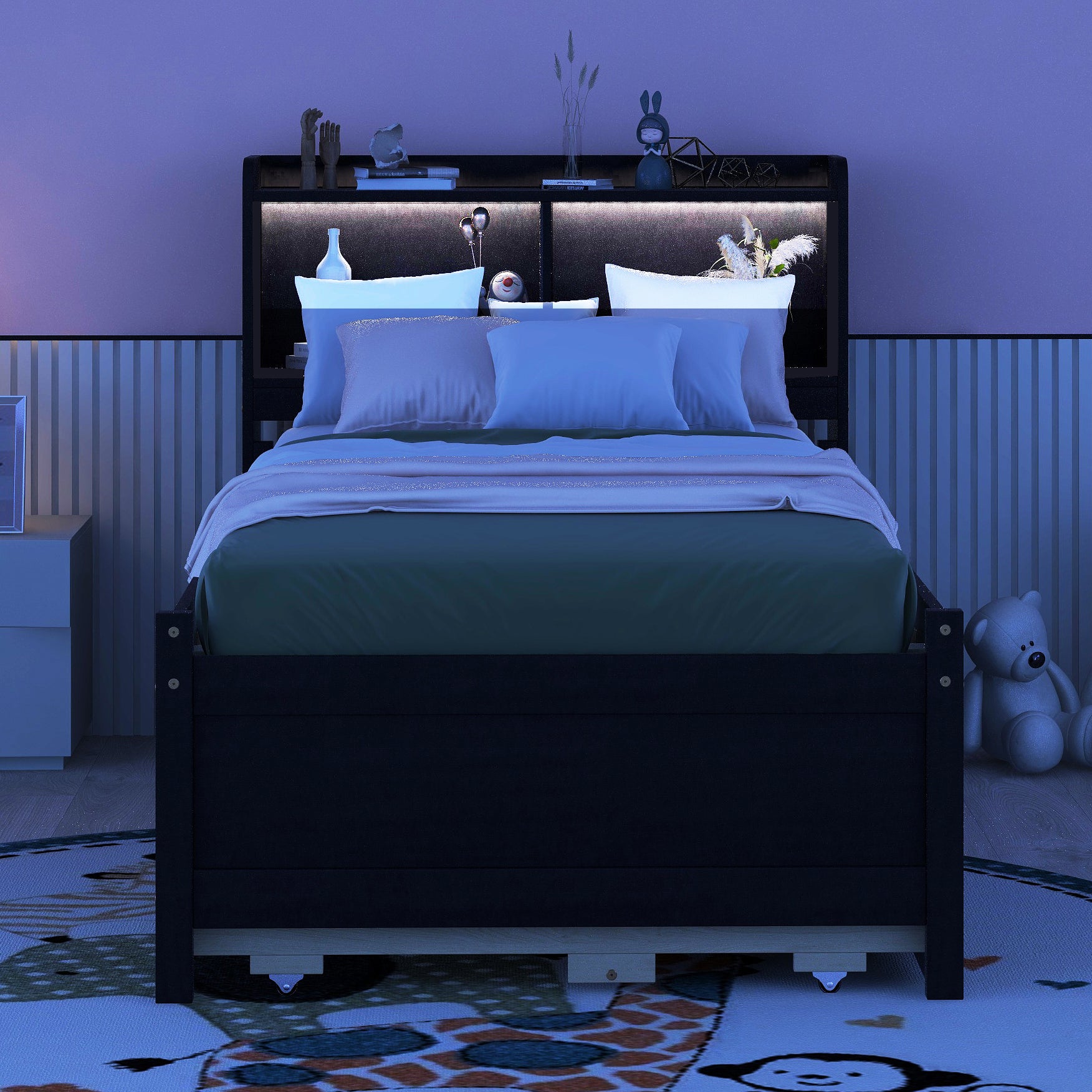 Twin Size Bed with built-in USB ,Type-C Ports, LED light, Bookcase Headboard, Trundle and 3 Storage Drawers, Twin Size Bed with Bookcase Headboard, Trundle and Storage drawers ,Espresso - Atlantic Fine Furniture Melbourne FL