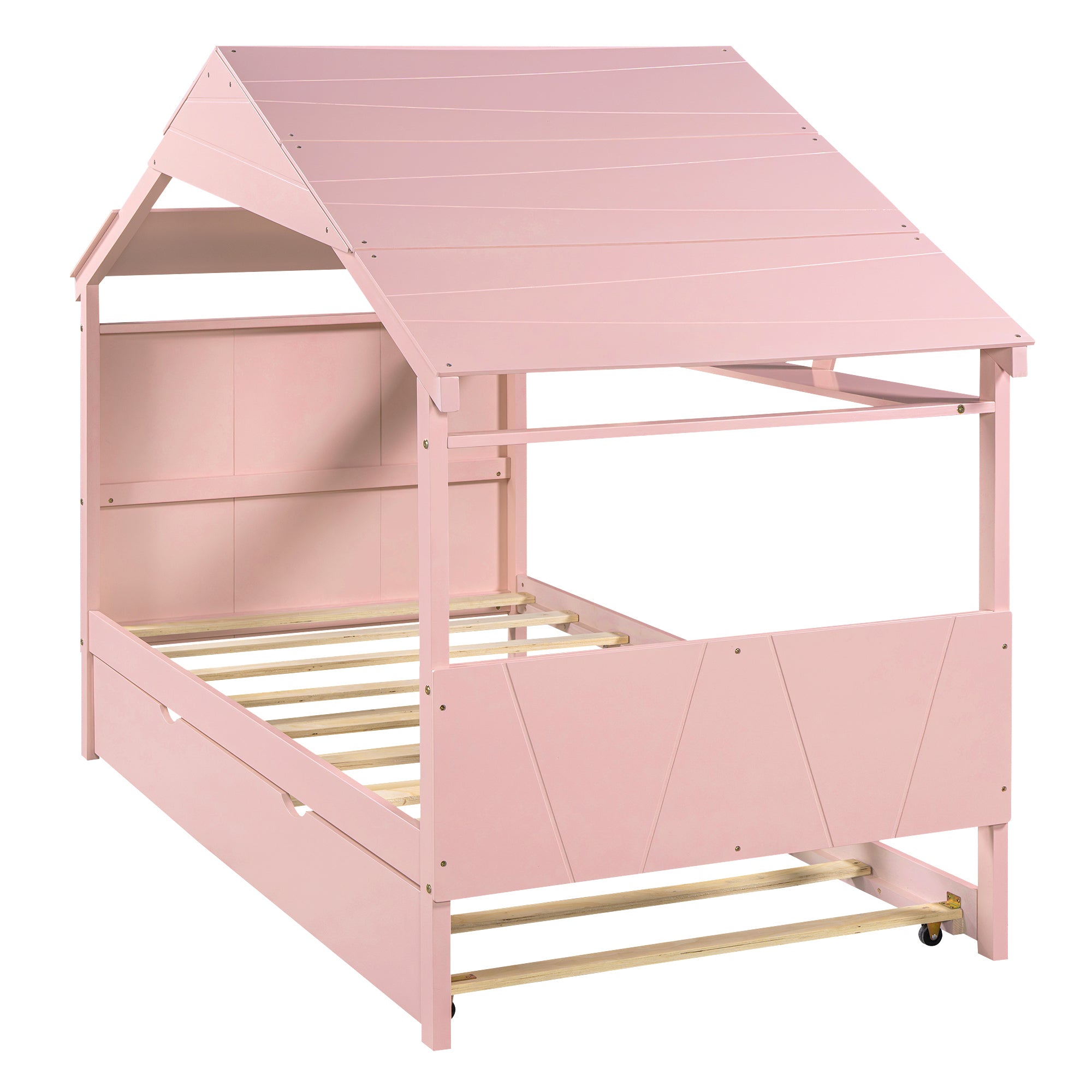 Wood Twin Size House Bed with Trundle and Storage, Pink - Atlantic Fine Furniture Melbourne FL