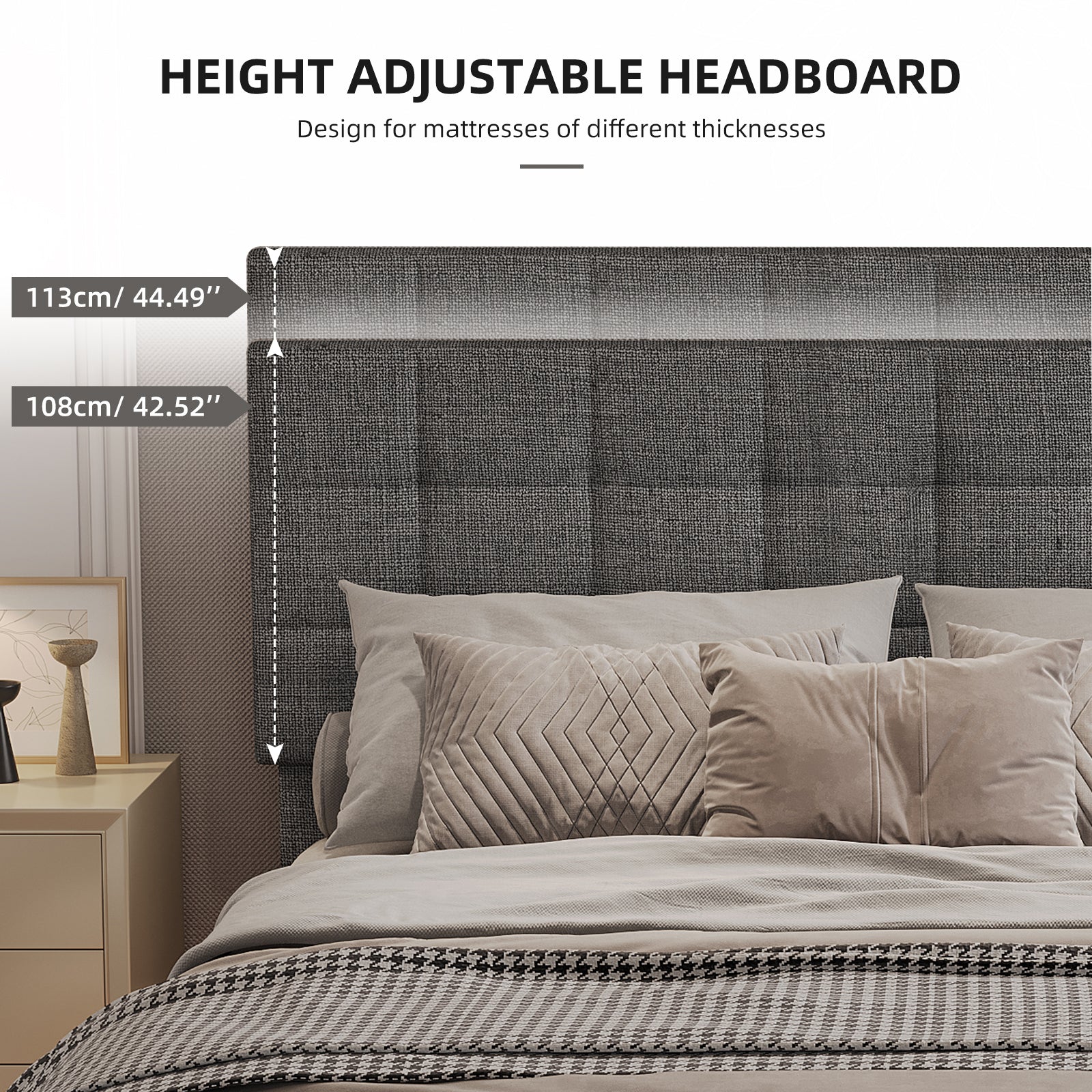 Queen Size Upholstered Platform Bed Linen Bed Frame with Lights Square Stitched Adjustable Headboard Strong Bed Slats System No Box Spring Needed Grey - Atlantic Fine Furniture Melbourne FL