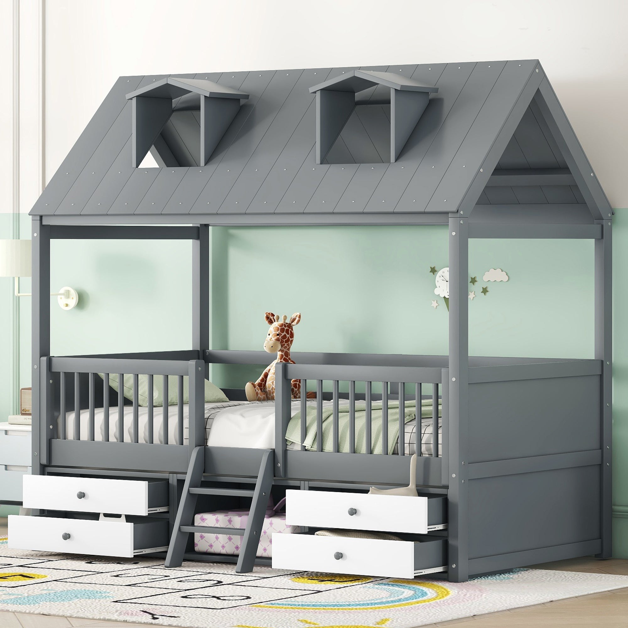 Twin Size Wood Bed House Bed Frame,Gray - Atlantic Fine Furniture Melbourne FL