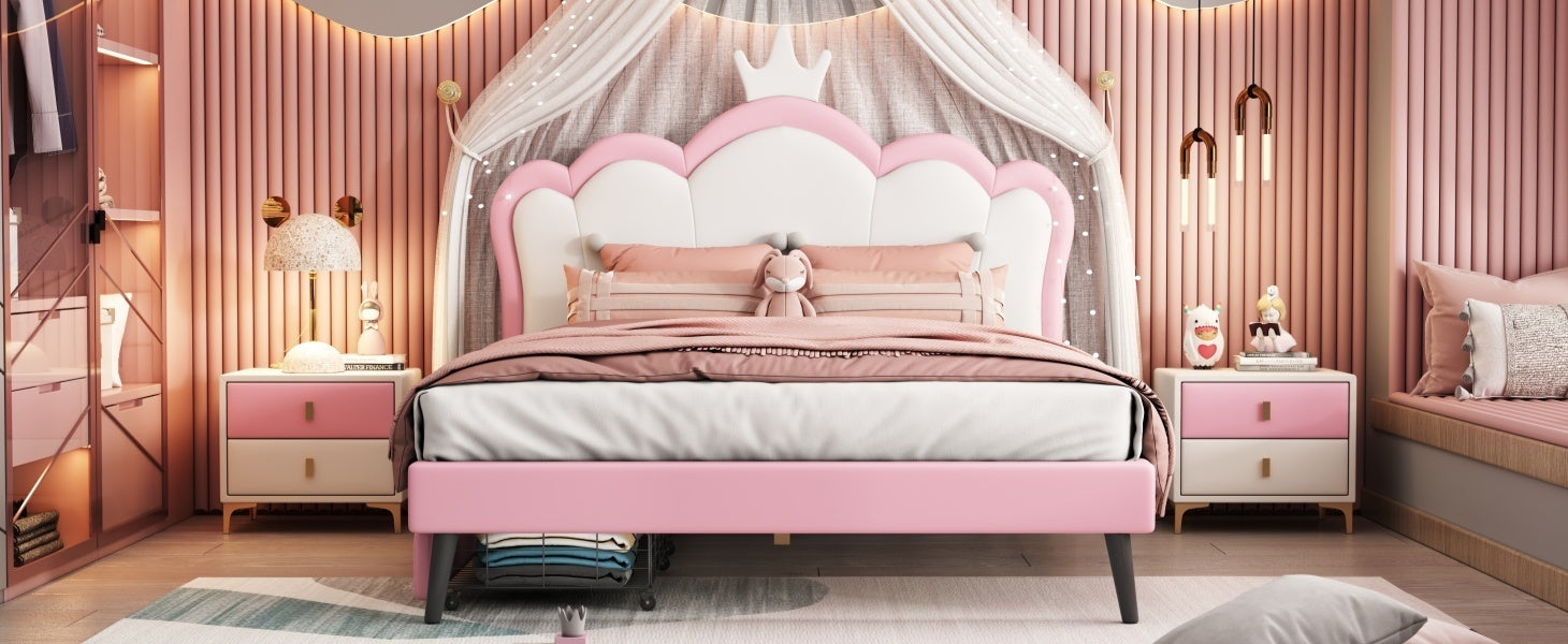 Full Size Princess Bed With Crown Headboard and 2 Drawers, Full size Platform Bed with Headboard and Footboard,White+Pink