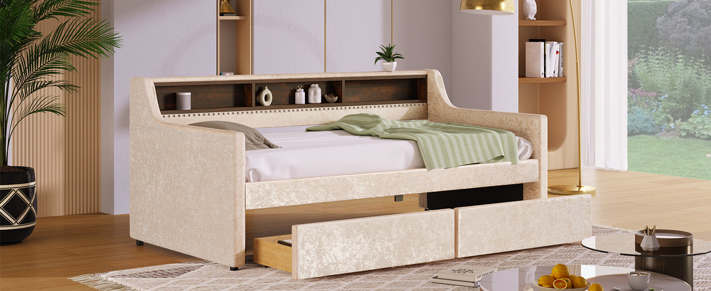 Twin Size Snowflake Velvet Daybed with Two Storage Drawers and Built-in Storage Shelves,Beige - Atlantic Fine Furniture Melbourne FL