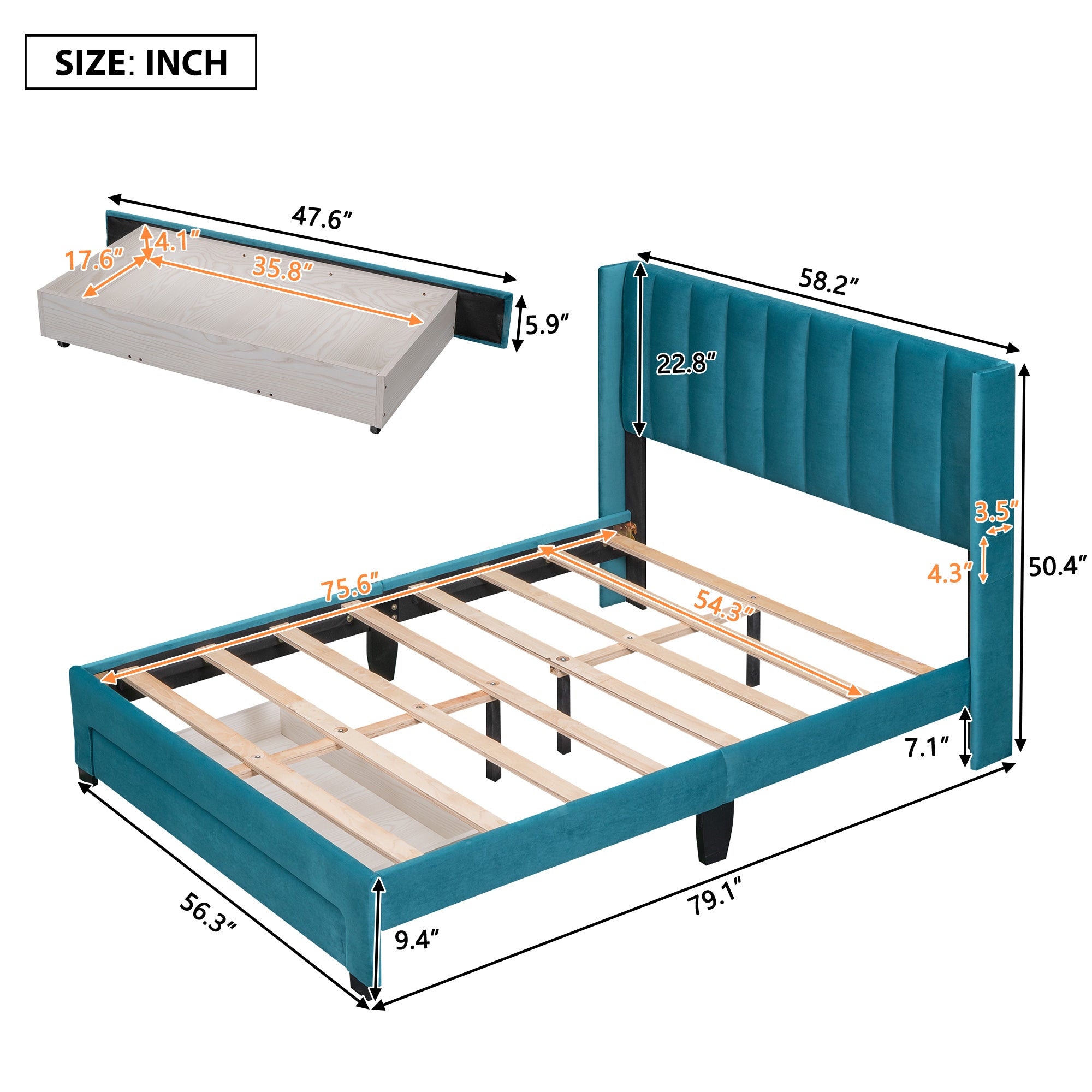 Full Size Storage Bed Velvet Upholstered Platform Bed with a Big Drawer - Blue - Atlantic Fine Furniture Melbourne FL