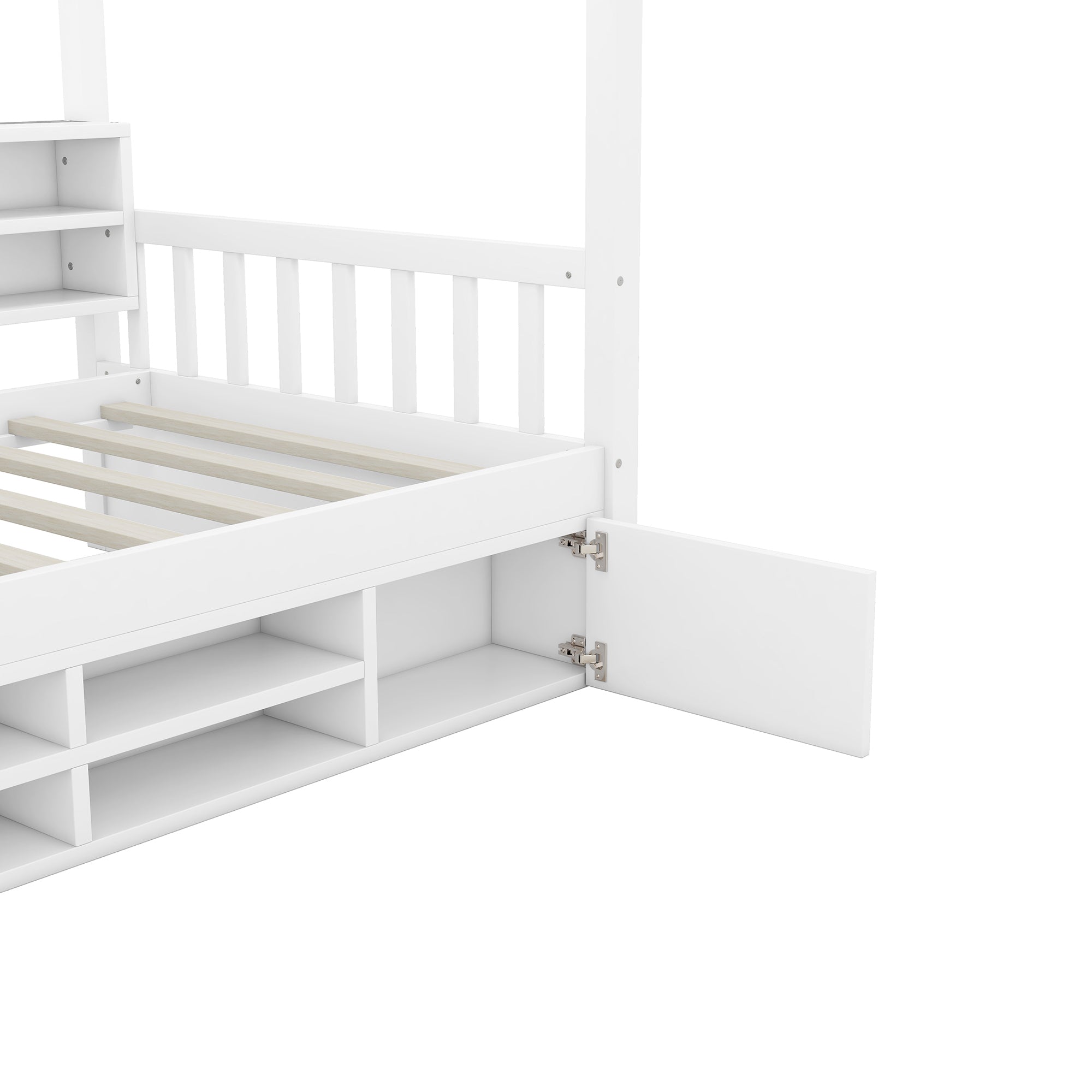 Twin Size Wooden House Bed with Shelves and a Mini-cabinet, White - Atlantic Fine Furniture Melbourne FL