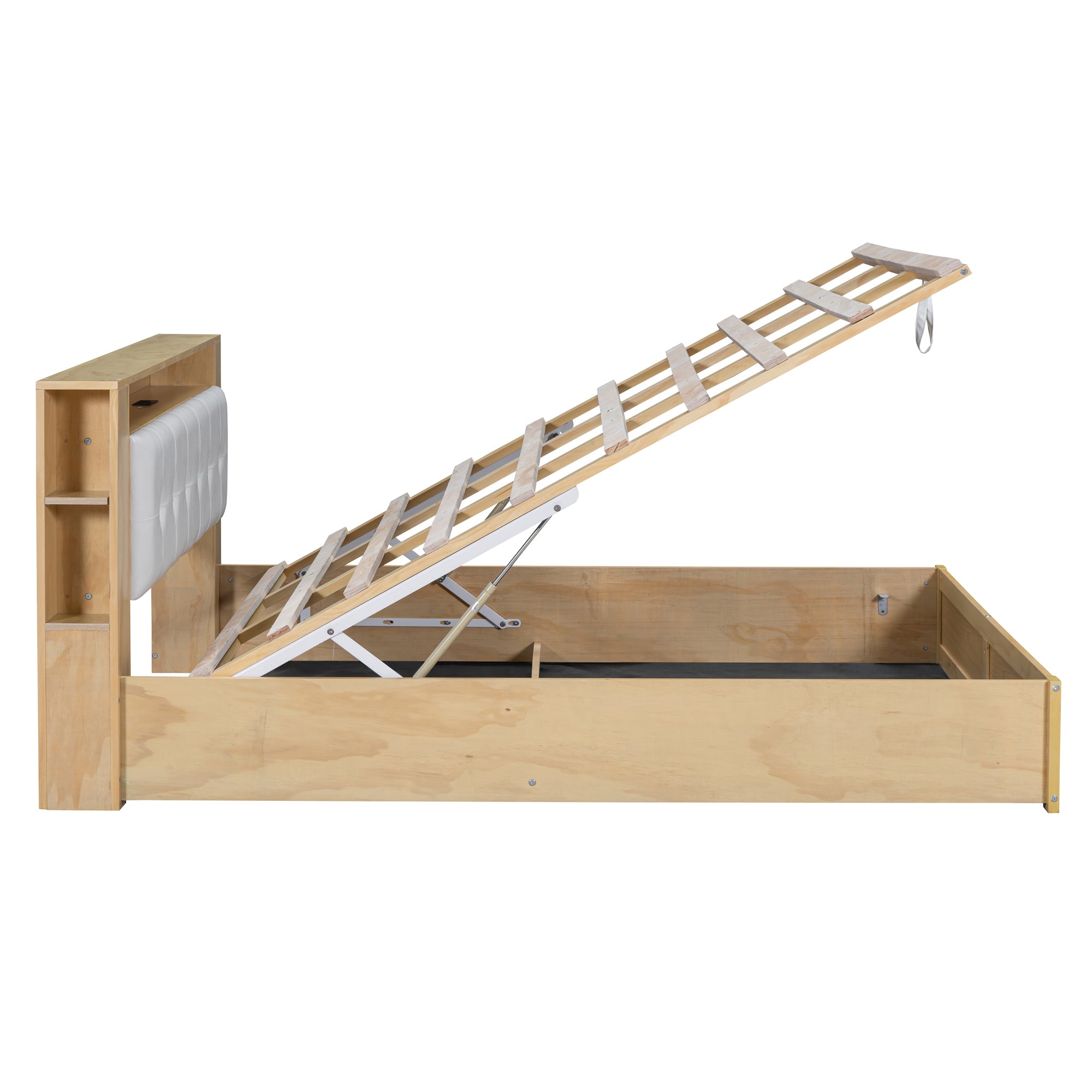 Queen Size Tufted Upholstered Platform Bed with Storage Headboard and Hydraulic Storage System, Modern PU Storage Bed with Motion Activated Night Lights and USB Charger,Natural