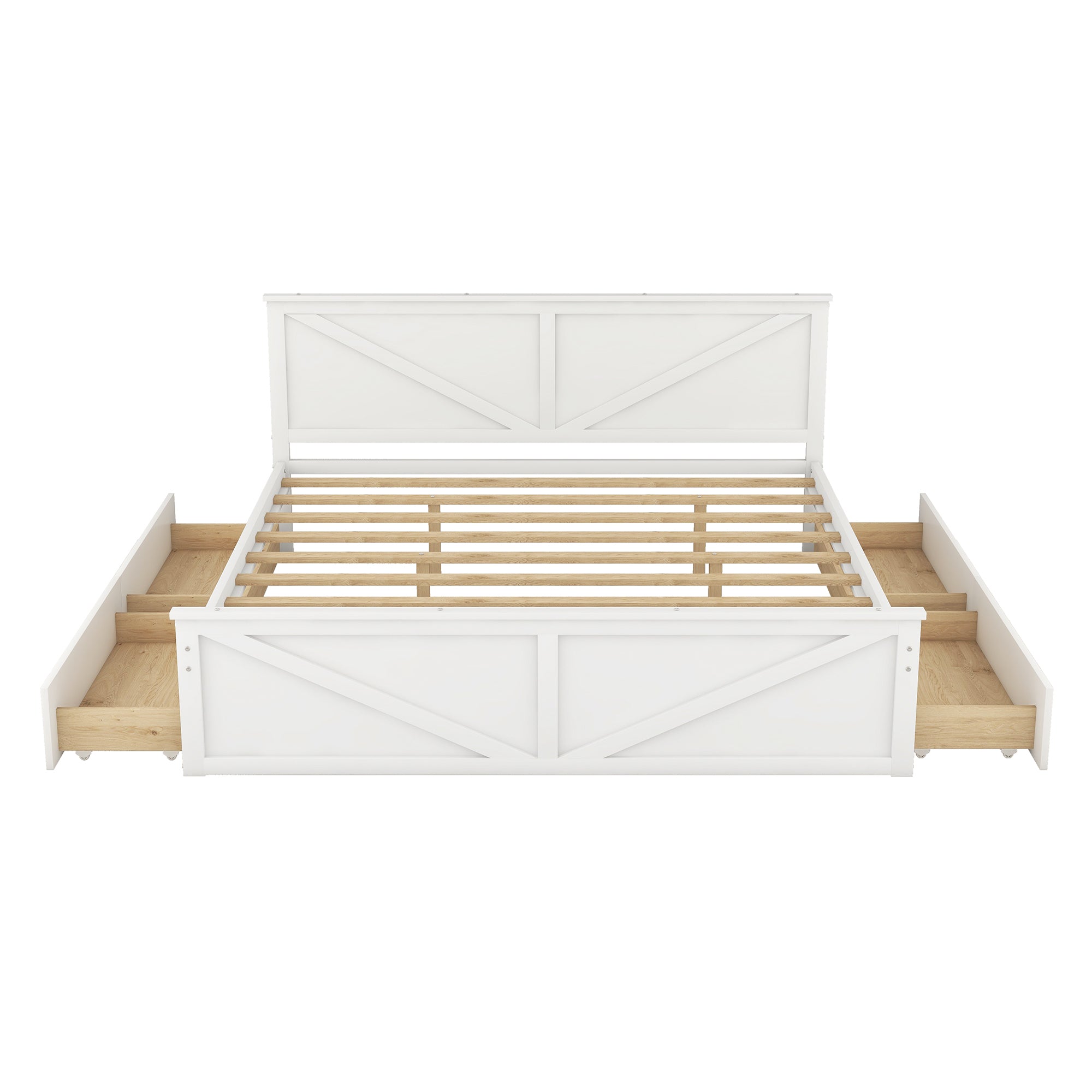 King Size Wooden Platform Bed with Four Storage Drawers and Support Legs, White