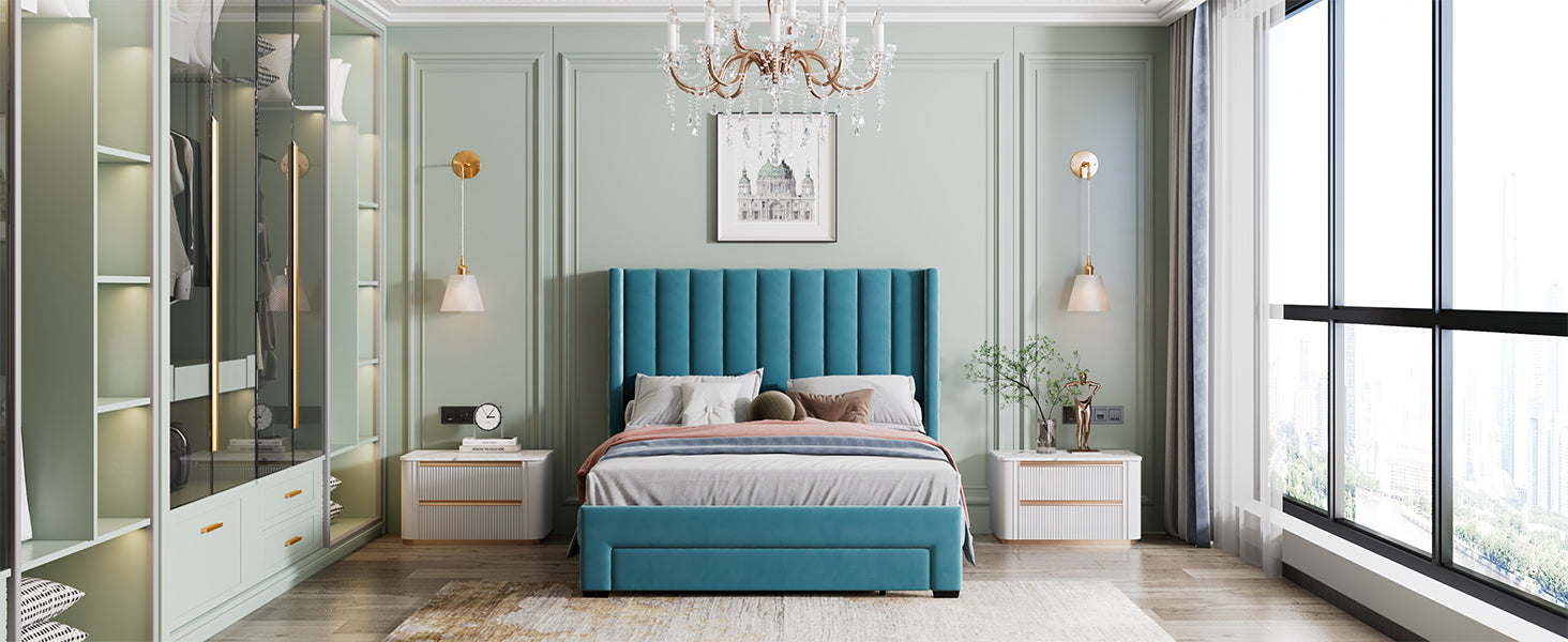 Full Size Storage Bed Velvet Upholstered Platform Bed with a Big Drawer - Blue - Atlantic Fine Furniture Melbourne FL