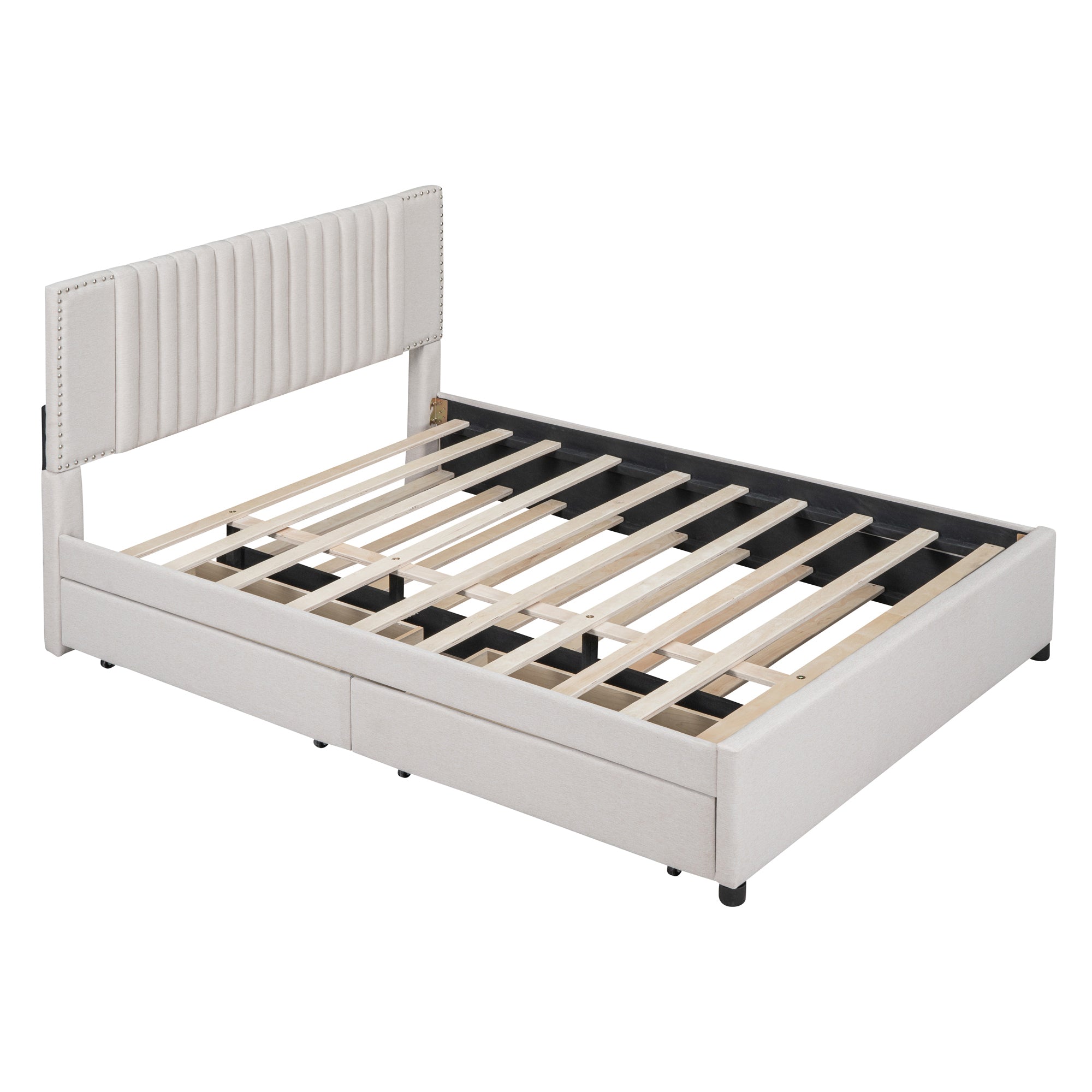 Queen Size Upholstered Platform Bed with 2 Drawers and 1 Twin XL Trundle, Classic Headboard Design, Beige - Atlantic Fine Furniture Melbourne FL