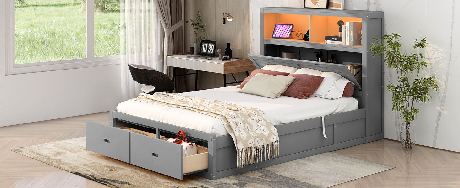 Wood Queen Size Hydraulic Platform Bed with Storage LED Headboard, Charging Station and 2 Drawers, Gray - Atlantic Fine Furniture Melbourne FL