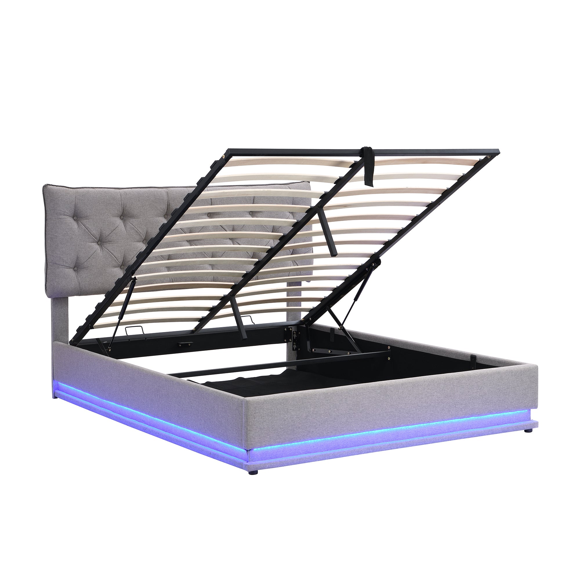 Queen Size Upholstered Bed with Hydraulic Storage System and LED Light, Modern Platform Bed with Button-tufted Design Headboard, Gray - Atlantic Fine Furniture Melbourne FL
